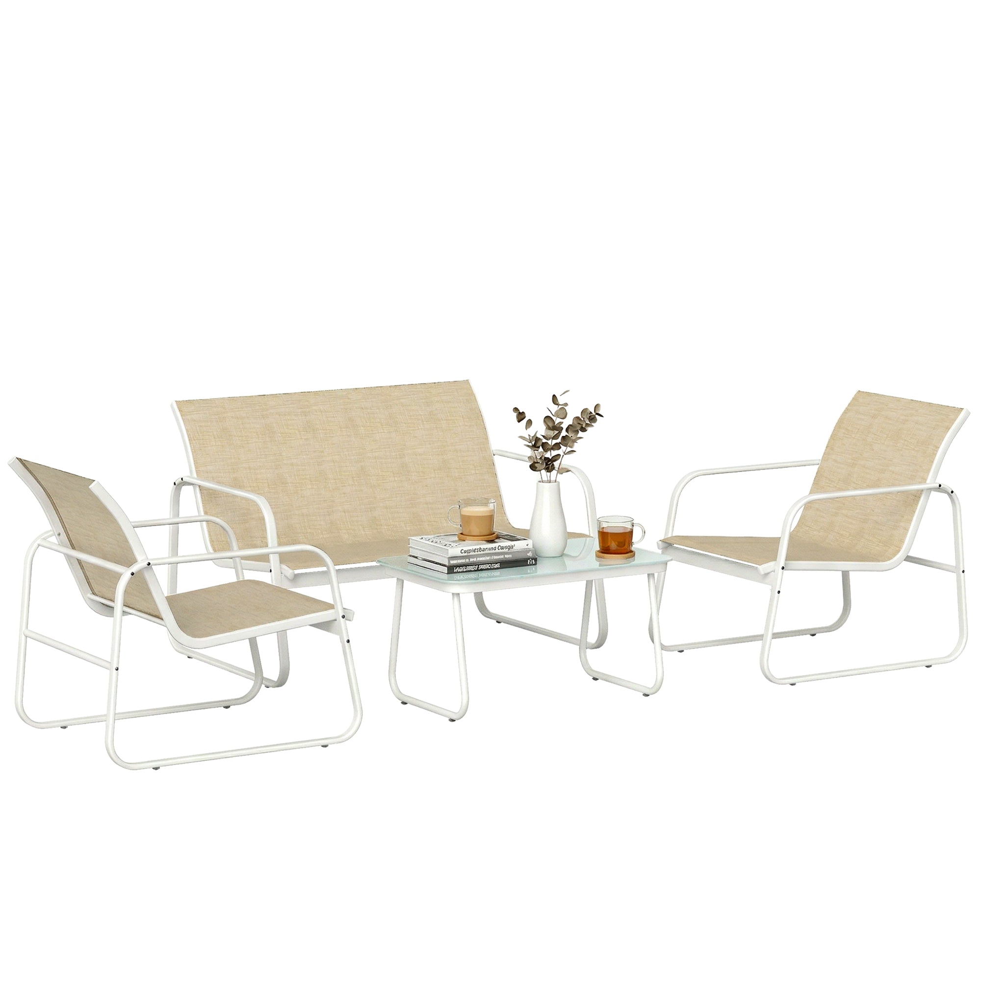 Outsunny Conjunto Jardín Exterior de 4 Piezas, Muebles Jardín Exterior con Sofá de 2 Plazas, 2 Sillones, Mesa de Vidrio Templado, Tela de Textilene Transpirable, Estructura de Acero, Caqui
