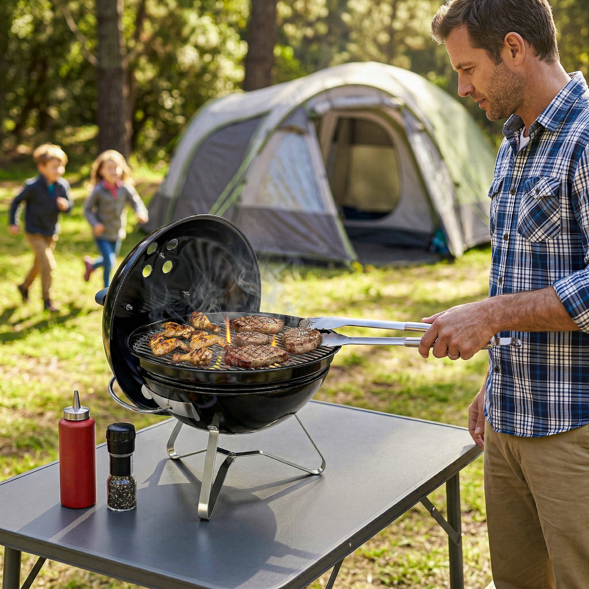 Outsunny Barbacoa de Carbón Portátil, Barbacoa de Carbón Redonda, Tapa con Soporte, Rejilla, Ventilación Ajustable, para Balcón, Picnic, Camping, Ø41x44 cm, Negro