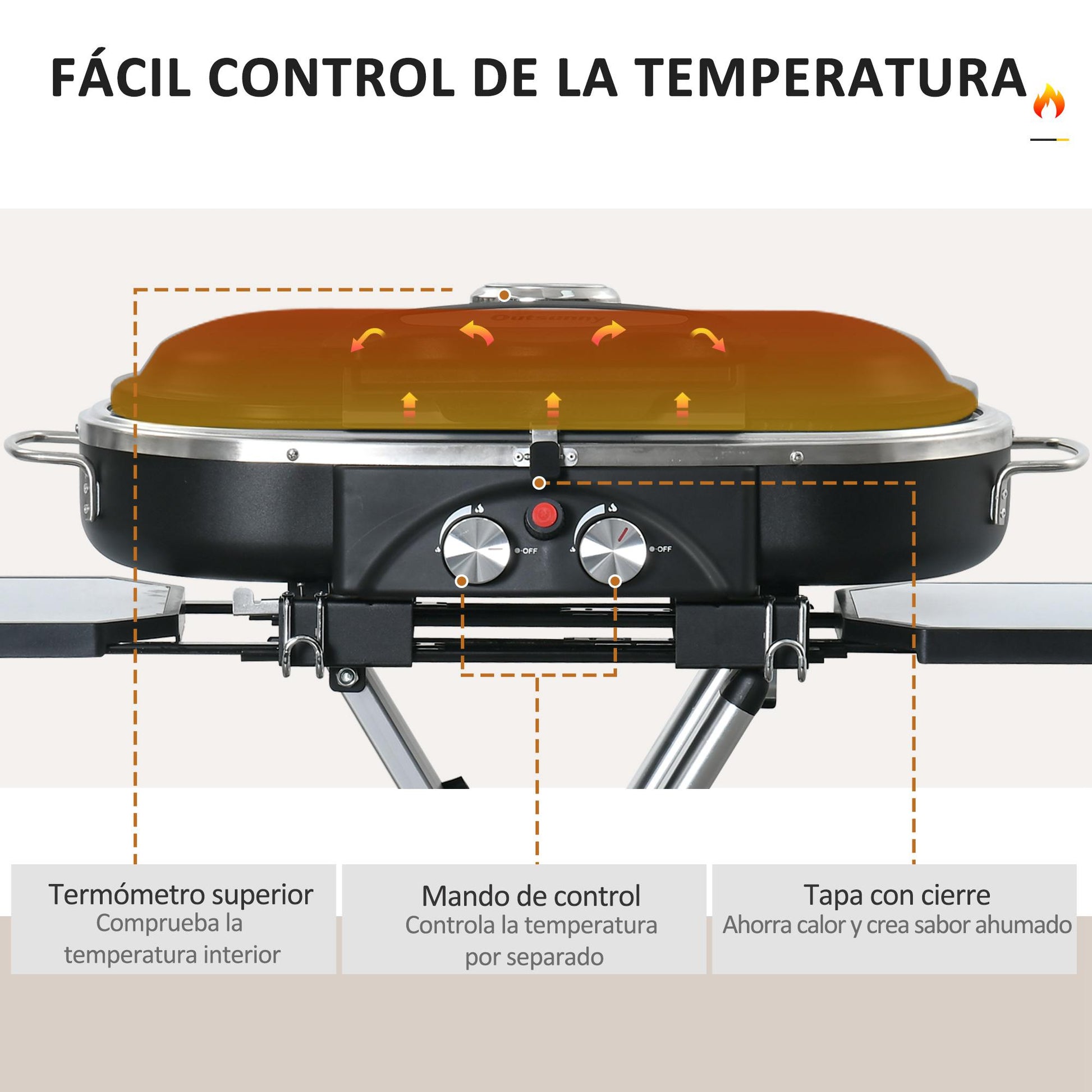 Outsunny Barbacoa de Gas Plegable con 2 Quemadores 2,34 KW BBQ de Gas con 2 Ruedas 2 Parrillas Metálicas y 2 Mesas Laterales para Pícnic Camping 100x41,6x82,5 cm Negro