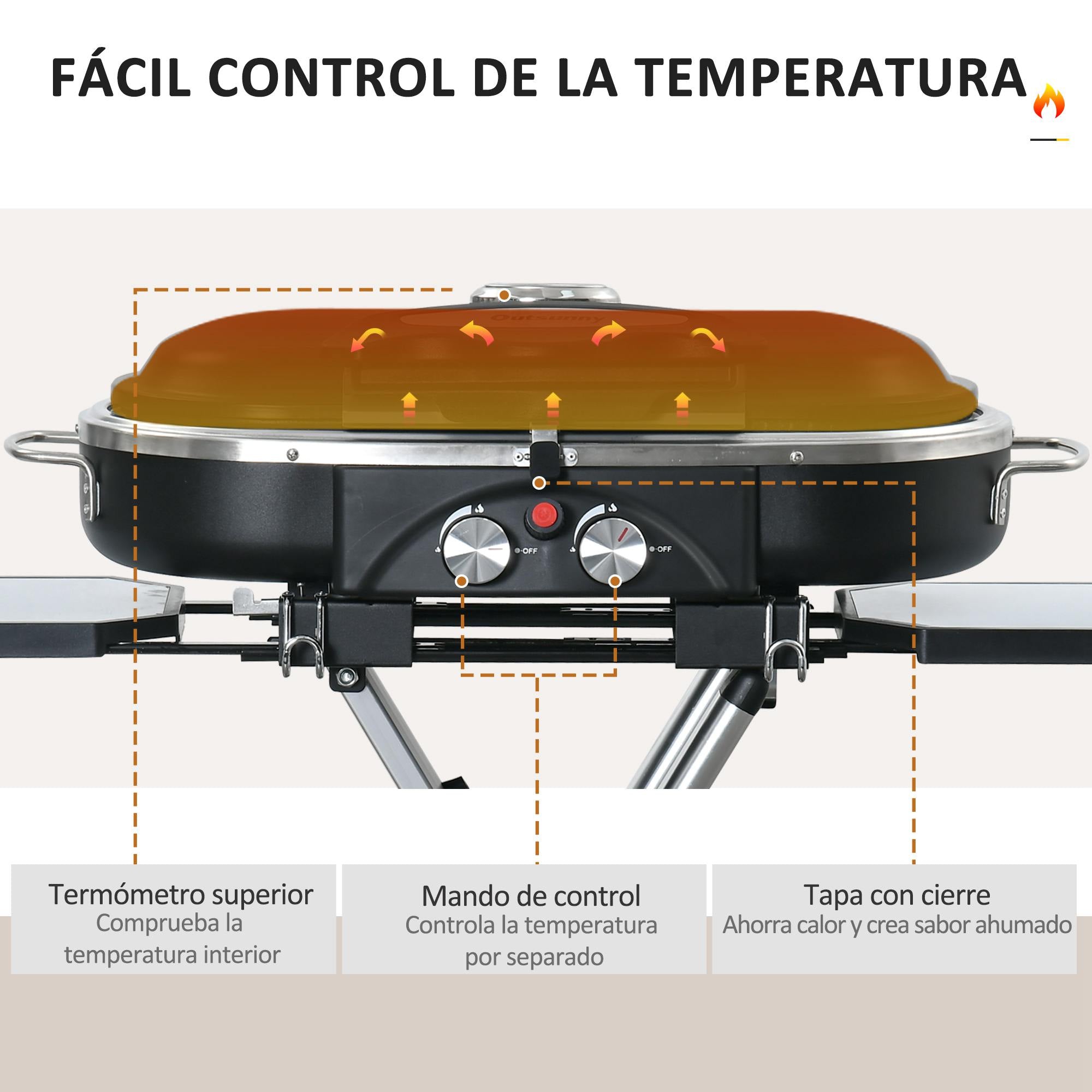 Outsunny Barbacoa de Gas Plegable con 2 Quemadores 2,34 KW BBQ de Gas con 2 Ruedas 2 Parrillas Metálicas y 2 Mesas Laterales para Pícnic Camping 100x41,6x82,5 cm Negro