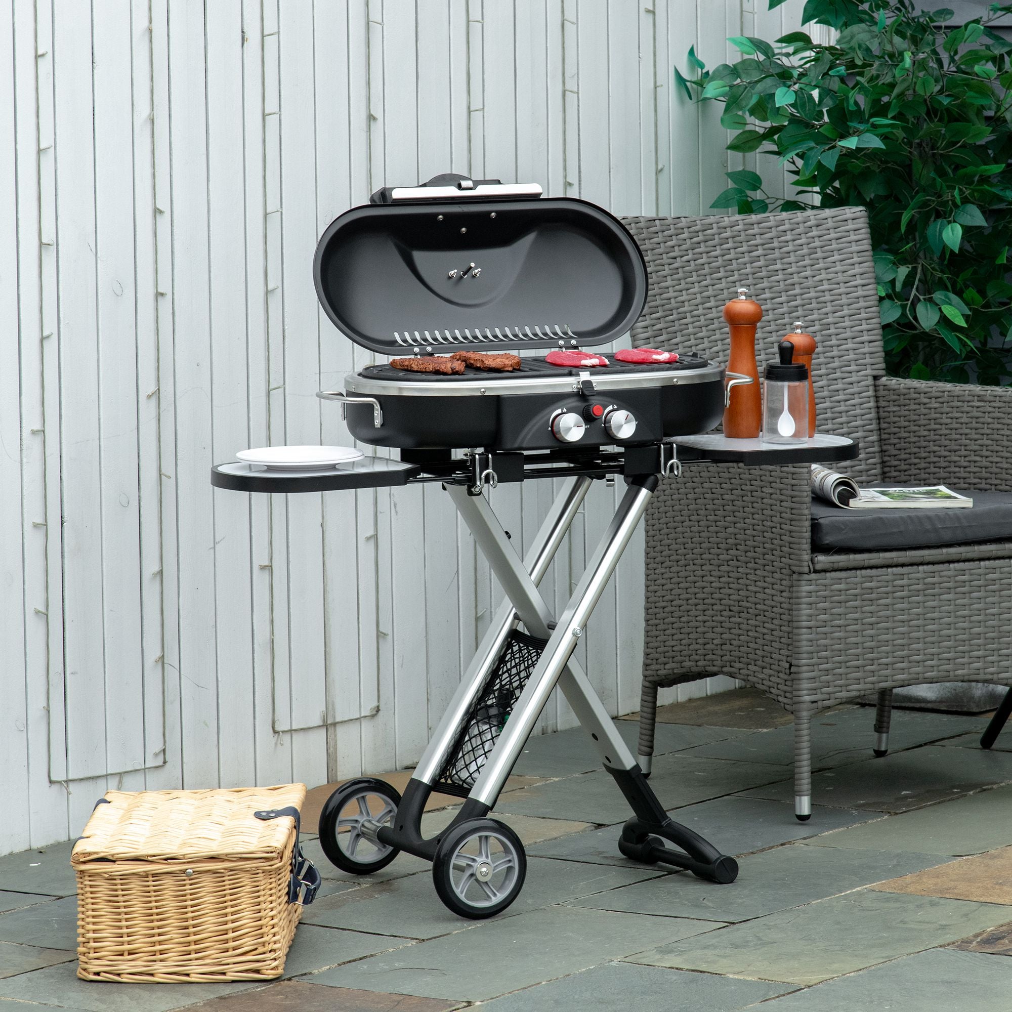 Outsunny Barbacoa de Gas Plegable con 2 Quemadores 2,34 KW BBQ de Gas con 2 Ruedas 2 Parrillas Metálicas y 2 Mesas Laterales para Pícnic Camping 100x41,6x82,5 cm Negro