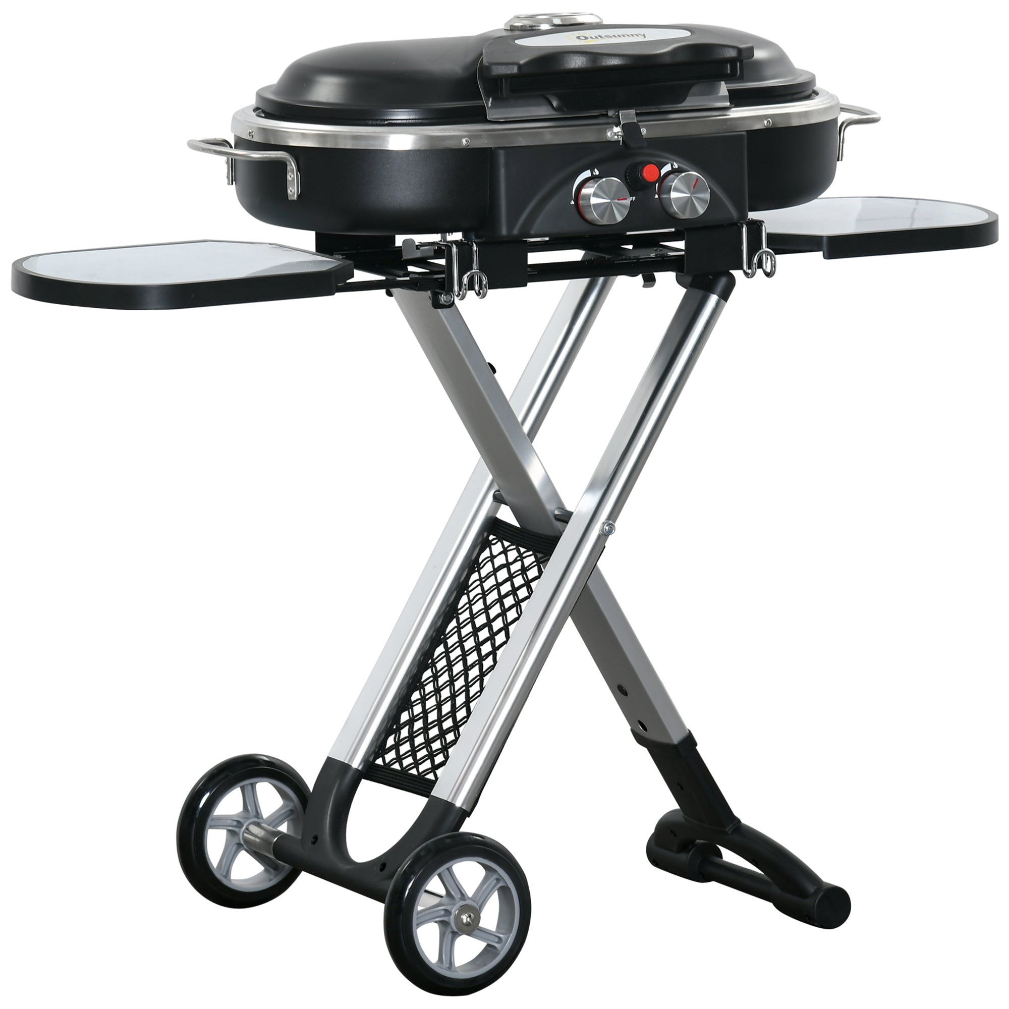 Outsunny Barbacoa de Gas Plegable con 2 Quemadores 2,34 KW BBQ de Gas con 2 Ruedas 2 Parrillas Metálicas y 2 Mesas Laterales para Pícnic Camping 100x41,6x82,5 cm Negro