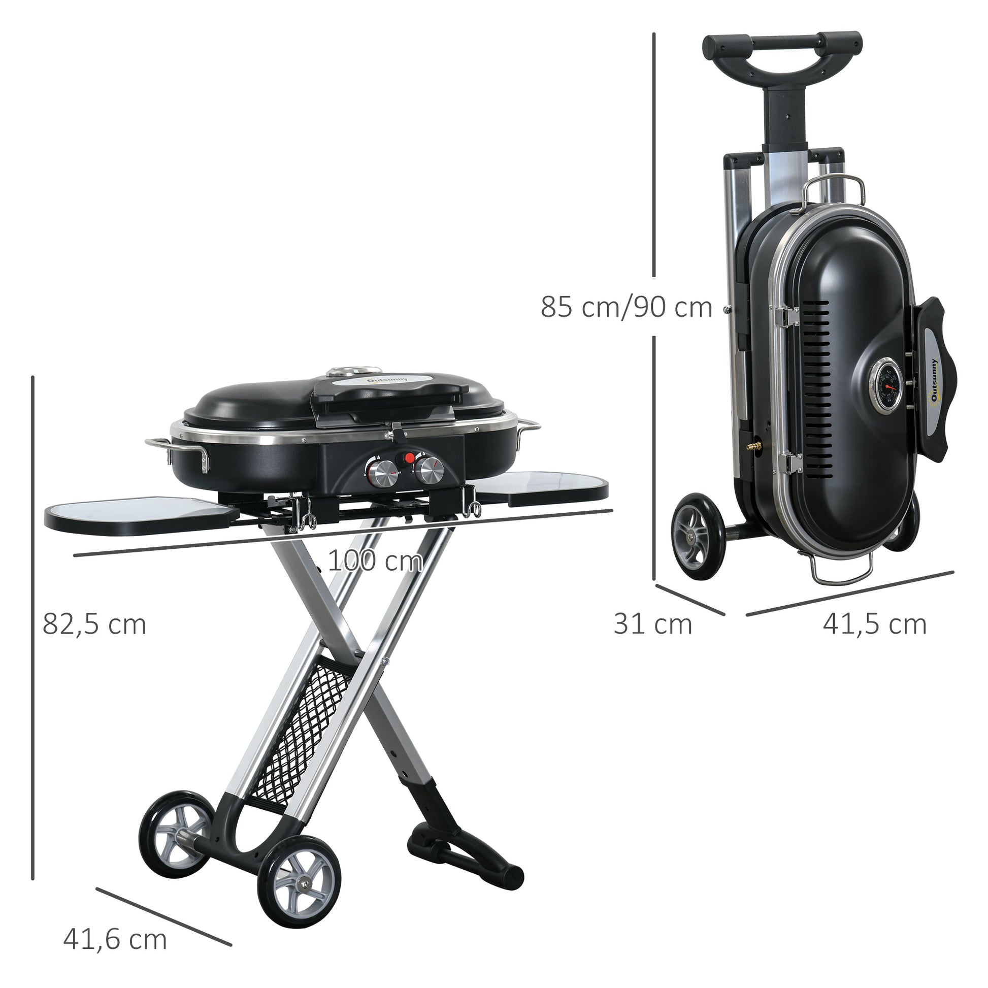 Outsunny Barbacoa de Gas Plegable con 2 Quemadores 2,34 KW BBQ de Gas con 2 Ruedas 2 Parrillas Metálicas y 2 Mesas Laterales para Pícnic Camping 100x41,6x82,5 cm Negro