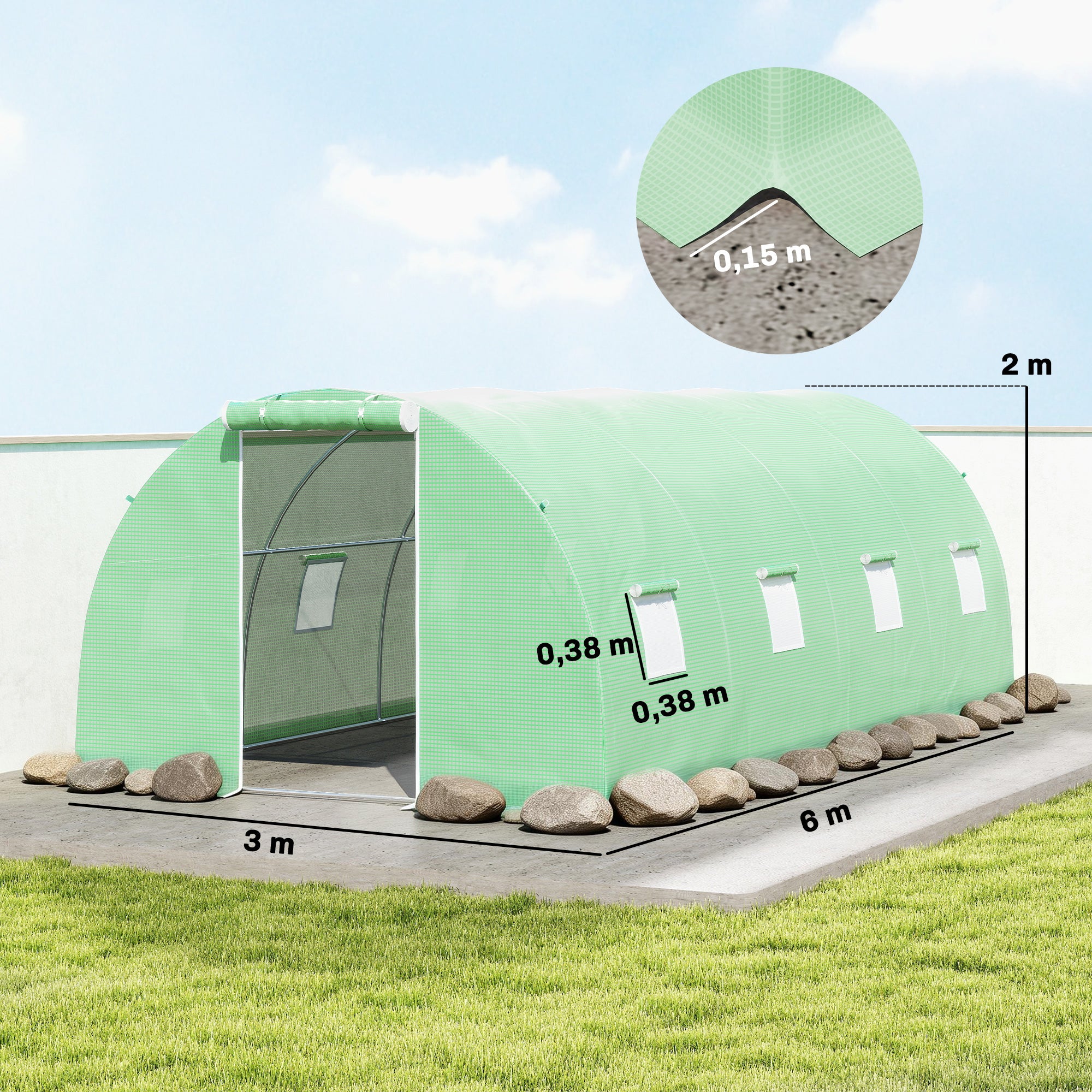 Outsunny Invernadero de Exterior 6x3x2 m, Invernadero de Túnel con Puerta Enrollable, 8 Ventanas de Malla, Cubierta PE 140g/m² y Marco de Acero Galvanizado, Anti-UV, Impermeable, para Cultivos, Verde