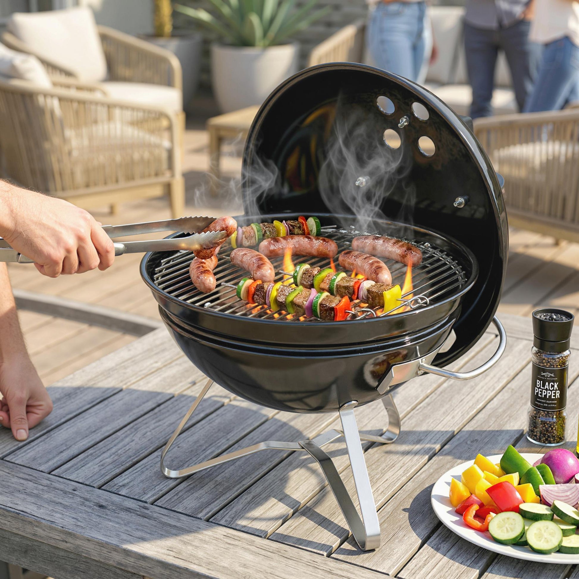 Outsunny Barbacoa de Carbón Portátil, Barbacoa de Carbón Redonda, Tapa con Soporte, Rejilla, Ventilación Ajustable, para Balcón, Picnic, Camping, Ø41x44 cm, Negro