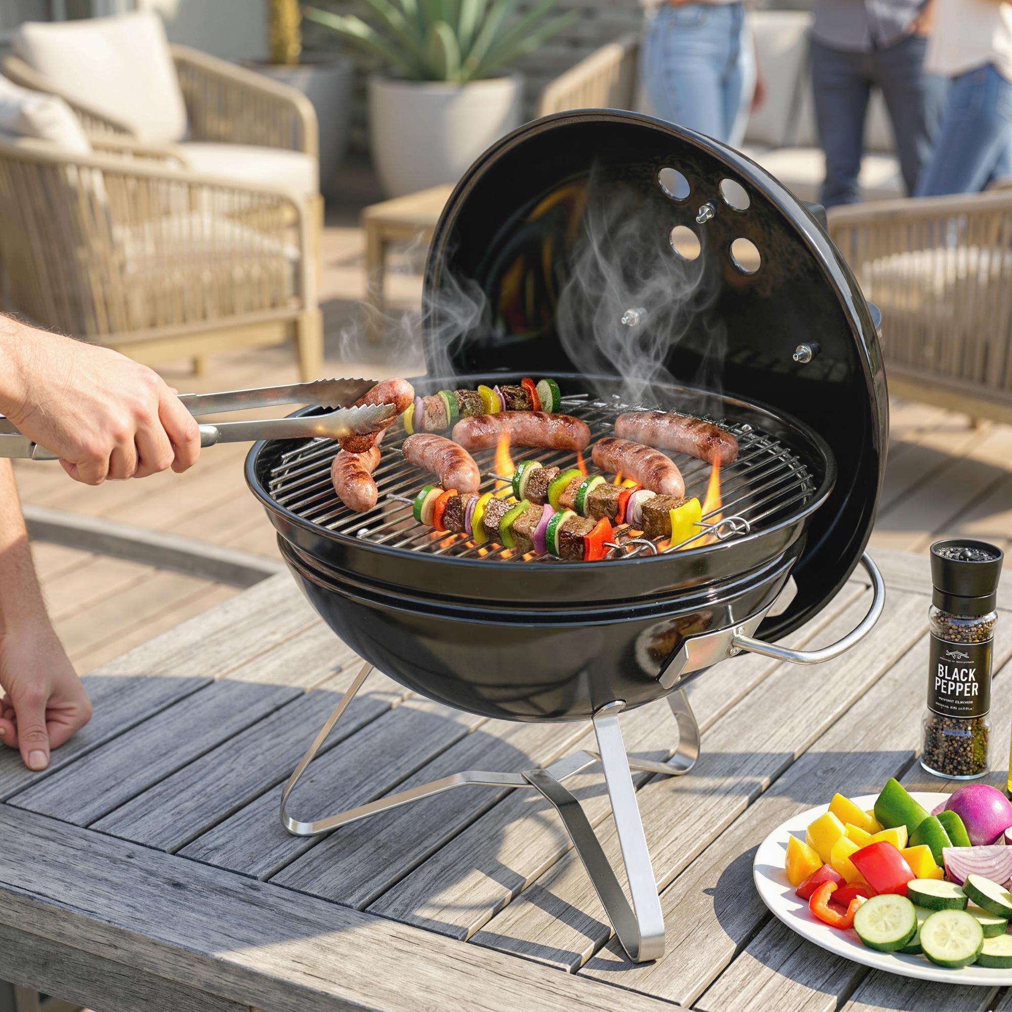 Outsunny Barbacoa de Carbón Portátil, Barbacoa de Carbón Redonda, Tapa con Soporte, Rejilla, Ventilación Ajustable, para Balcón, Picnic, Camping, Ø41x44 cm, Negro
