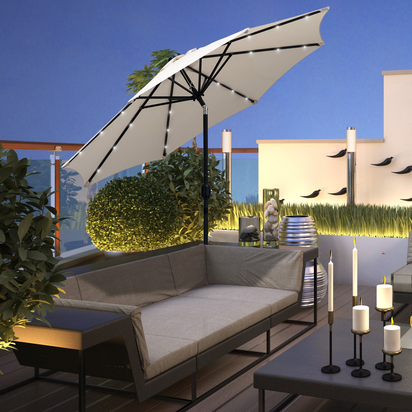 Outsunny Sombrilla de Jardín Ø268x238 cm Parasol de Terraza con 24 Luces LED Solar Mecanismo de Inclinación Manivela y Poste Desmontable de Metal para Piscina Patio Crema