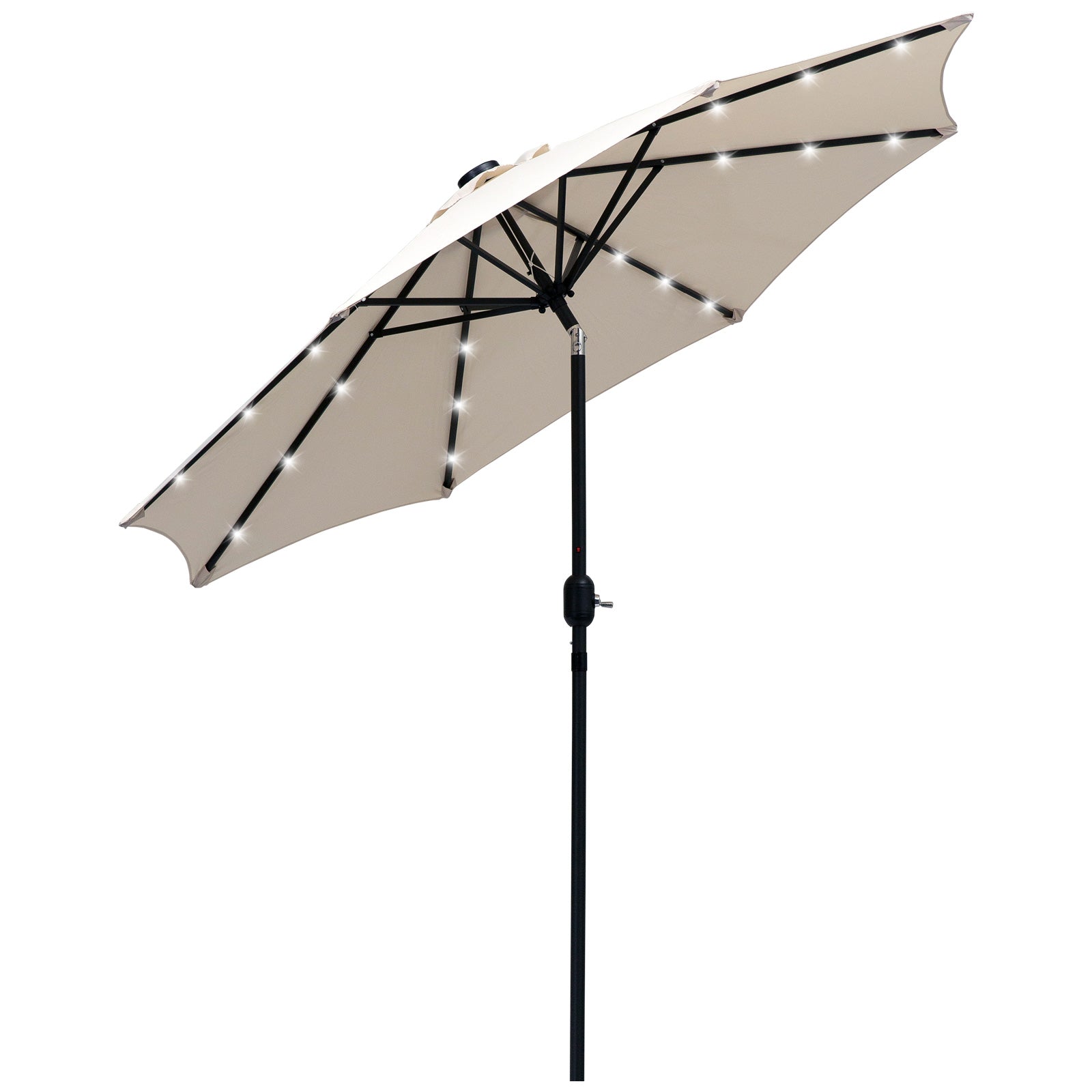 Outsunny Sombrilla de Jardín Ø268x238 cm Parasol de Terraza con 24 Luces LED Solar Mecanismo de Inclinación Manivela y Poste Desmontable de Metal para Piscina Patio Crema