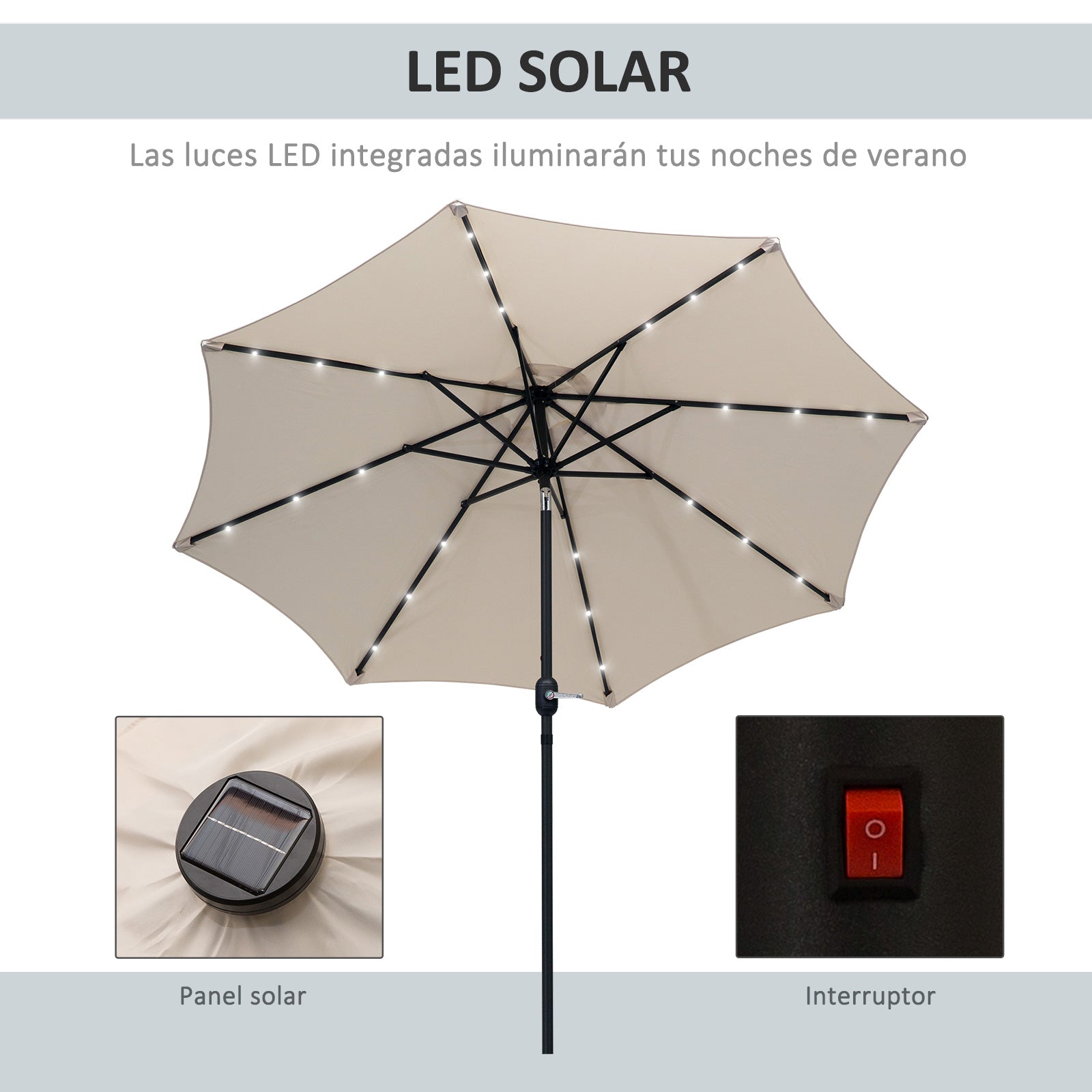 Outsunny Sombrilla de Jardín Ø268x238 cm Parasol de Terraza con 24 Luces LED Solar Mecanismo de Inclinación Manivela y Poste Desmontable de Metal para Piscina Patio Crema