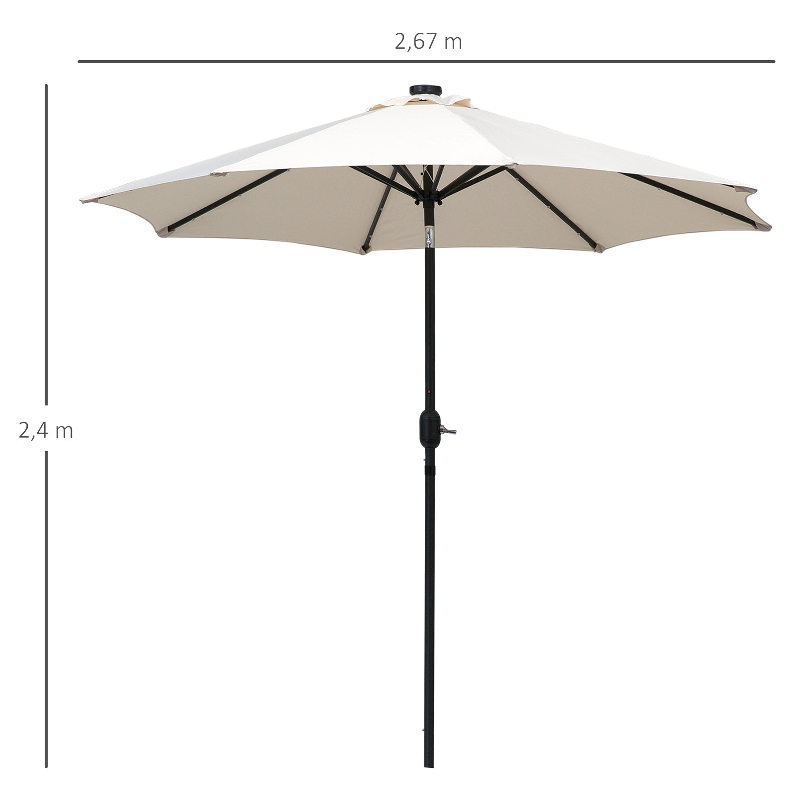 Outsunny Sombrilla de Jardín Ø268x238 cm Parasol de Terraza con 24 Luces LED Solar Mecanismo de Inclinación Manivela y Poste Desmontable de Metal para Piscina Patio Crema