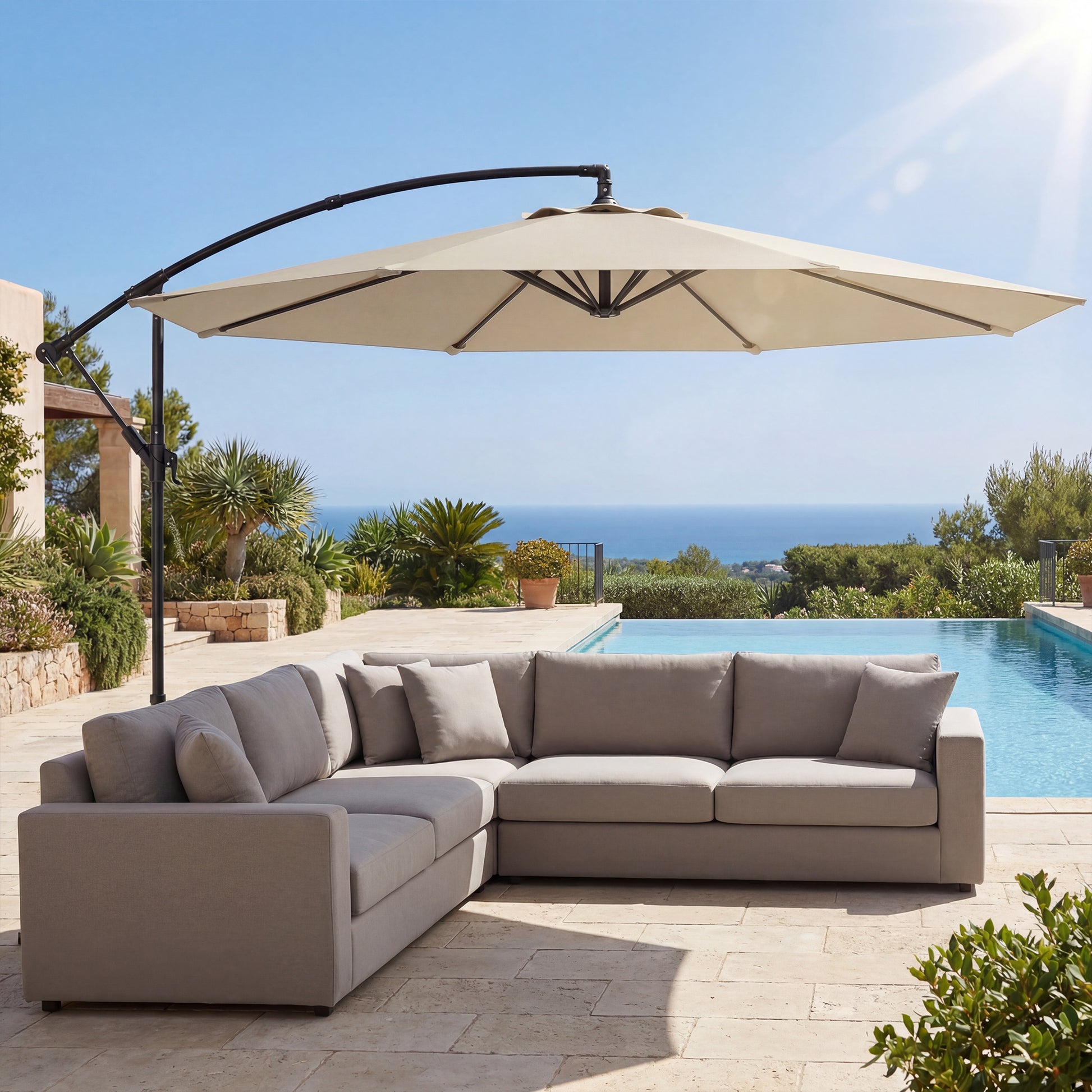 Outsunny Parasol Excéntrico, Ø300 cm, Sombrilla de Jardín con Base Cruzada, Toldo Ajustable, Manivela, 8 Barras, UPF30+, para Terraza, Patio, Exterior, Blanco Crema