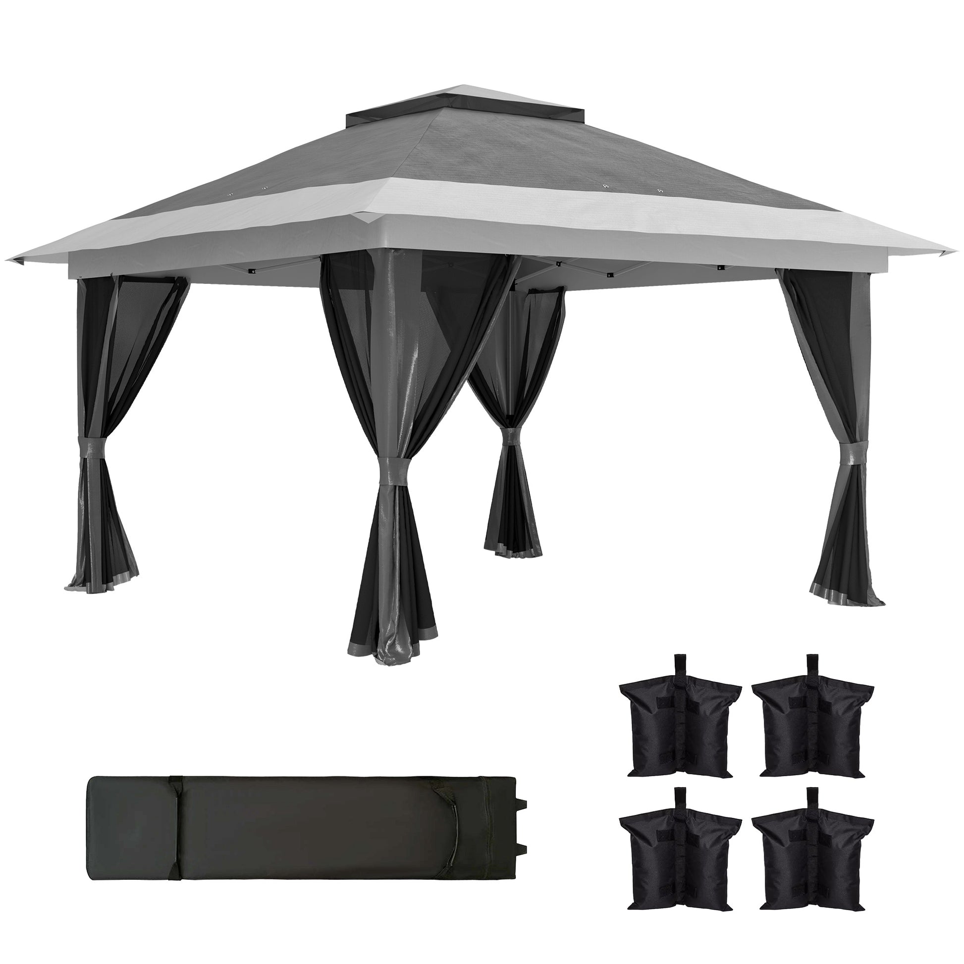 Outsunny Carpa Plegable Gazebo 3,6x3,6 m Cenador Plegable con 4 Paredes Laterales de Malla Anti-UV Altura Ajustable Bolsa de Arena y Bolsa de Transporte para Camping Fiestas Gris Oscuro
