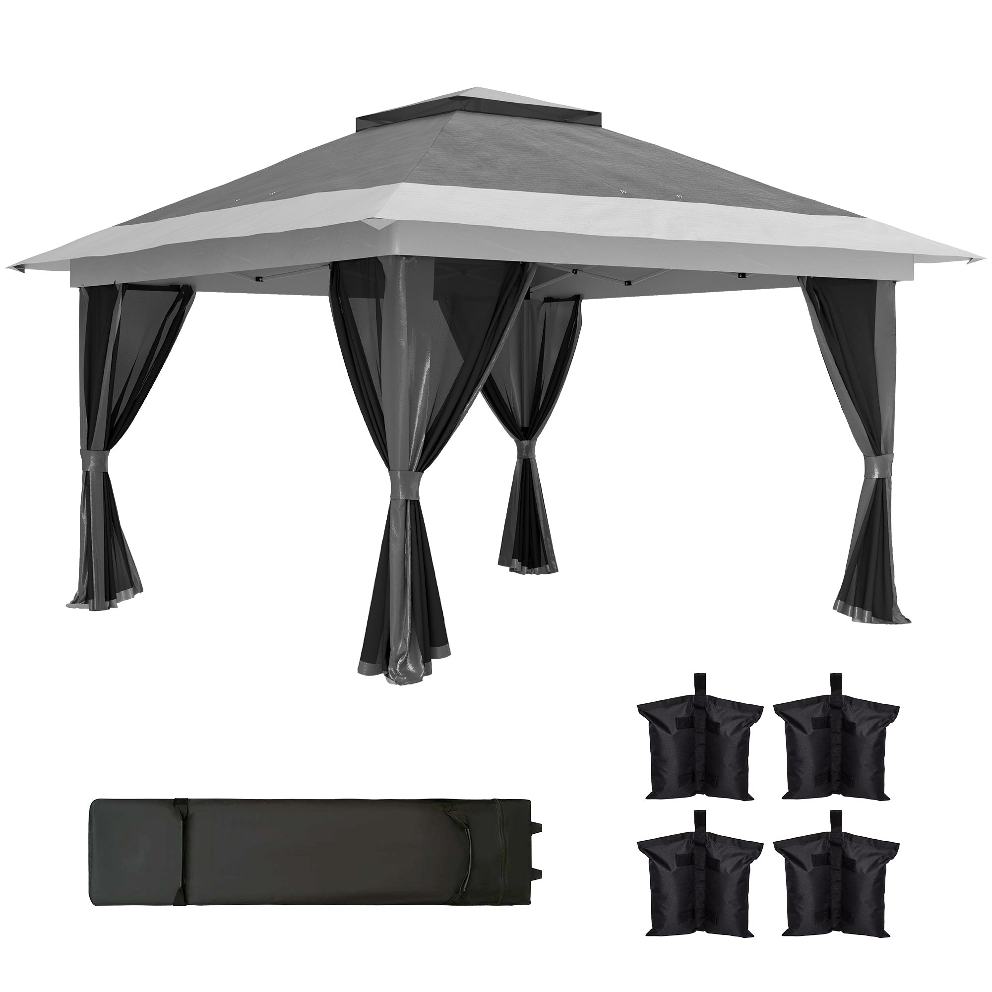 Outsunny Carpa Plegable Gazebo 3,6x3,6 m Cenador Plegable con 4 Paredes Laterales de Malla Anti-UV Altura Ajustable Bolsa de Arena y Bolsa de Transporte para Camping Fiestas Gris Oscuro