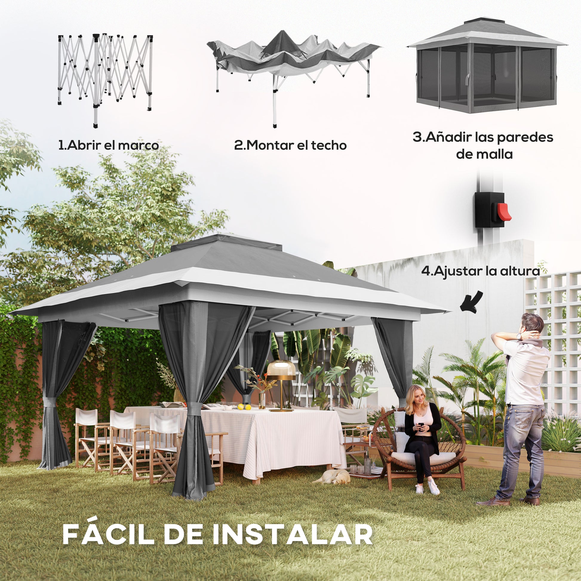 Outsunny Carpa Plegable Gazebo 3,6x3,6 m Cenador Plegable con 4 Paredes Laterales de Malla Anti-UV Altura Ajustable Bolsa de Arena y Bolsa de Transporte para Camping Fiestas Gris Oscuro