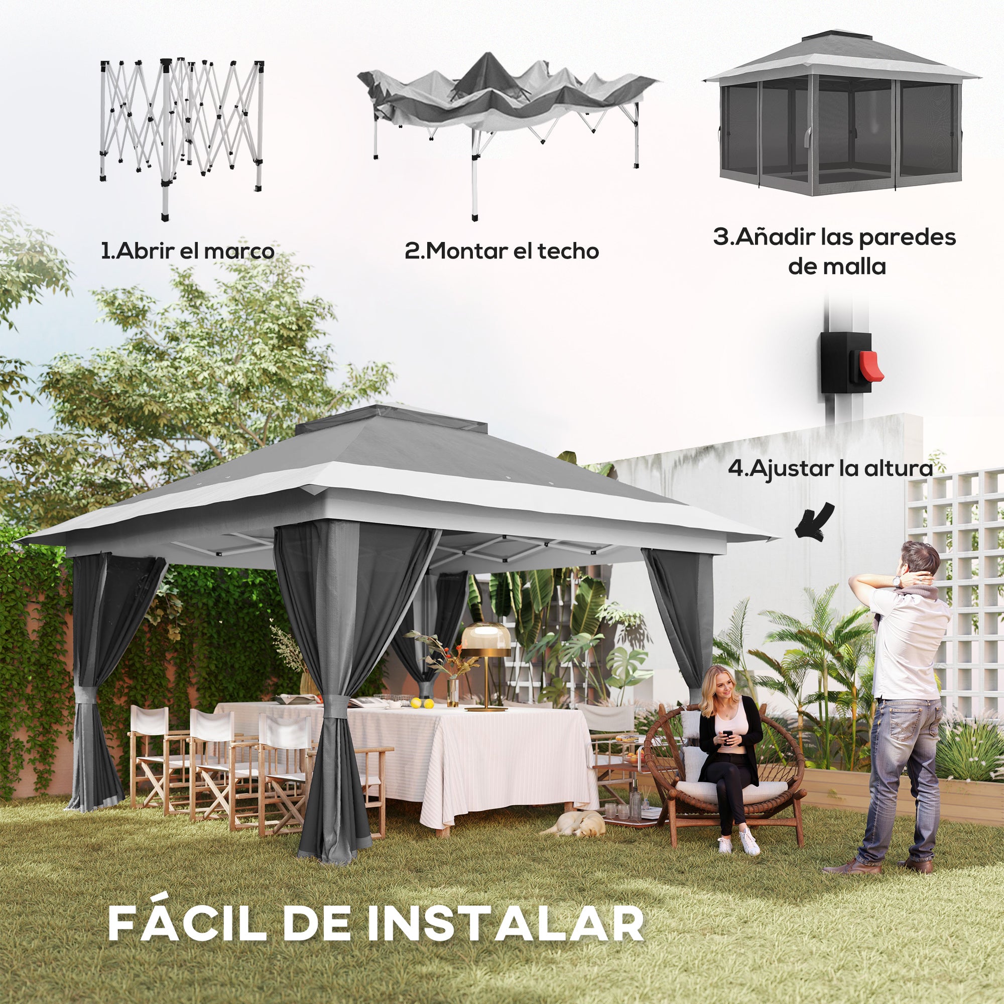 Outsunny Carpa Plegable Gazebo 3,6x3,6 m Cenador Plegable con 4 Paredes Laterales de Malla Anti-UV Altura Ajustable Bolsa de Arena y Bolsa de Transporte para Camping Fiestas Gris Oscuro