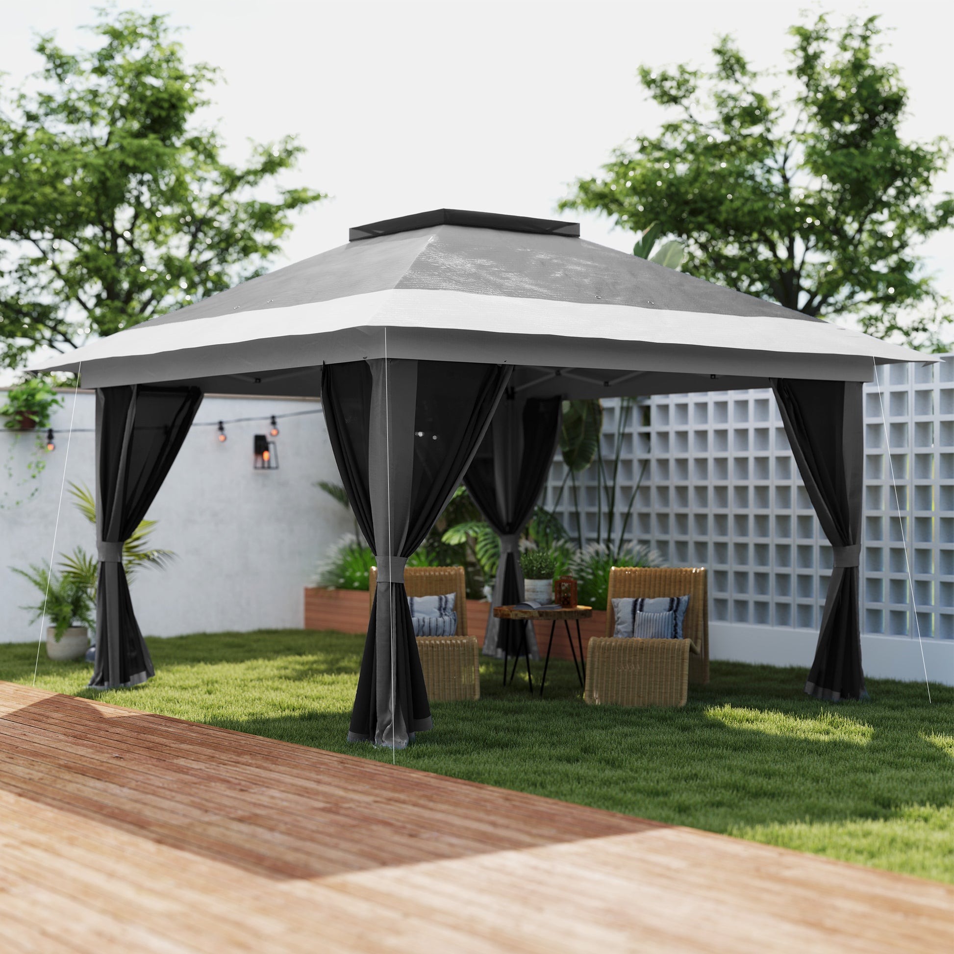 Outsunny Carpa Plegable Gazebo 3,6x3,6 m Cenador Plegable con 4 Paredes Laterales de Malla Anti-UV Altura Ajustable Bolsa de Arena y Bolsa de Transporte para Camping Fiestas Gris Oscuro