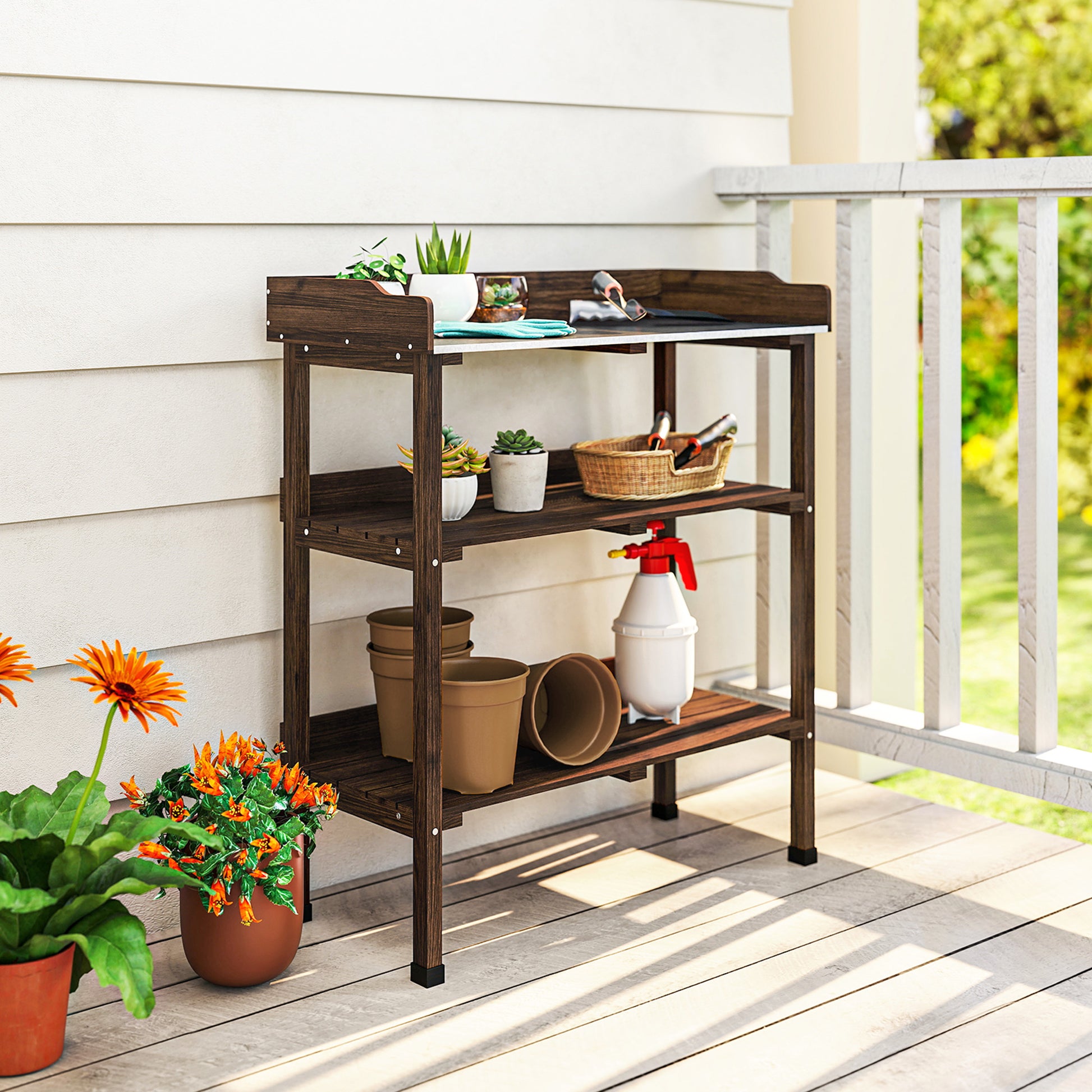 Outsunny Mesa de Plantación de Madera de 3 Niveles, Mesa de Jardinería con Placa Metálica, 2 Estantes y Ganchos, Resistente a la Intemperie, para Jardín, Terraza, Balcón, 76x37x89 cm, Carbonizado