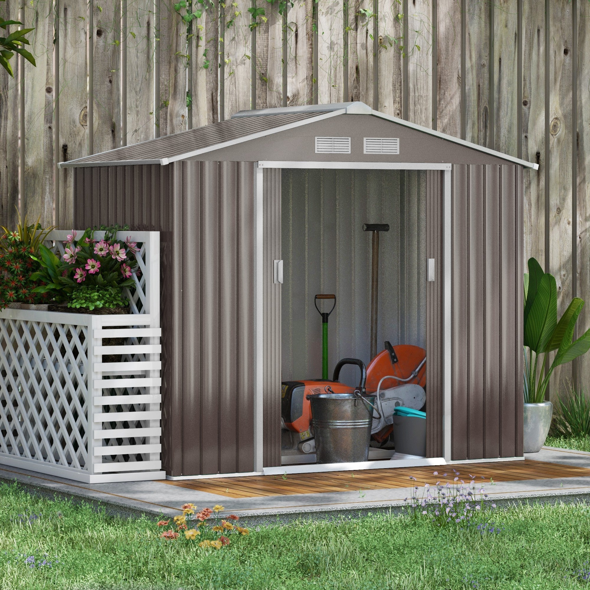 Outsunny Cobertizo de Jardín 2,42m² con Base de Refuerzo Sin Suelo 213x130x185 cm Caseta de Jardín Exterior con 2 Puertas Correderas y 4 Ventanas para Almacenamiento de Herramientas Gris