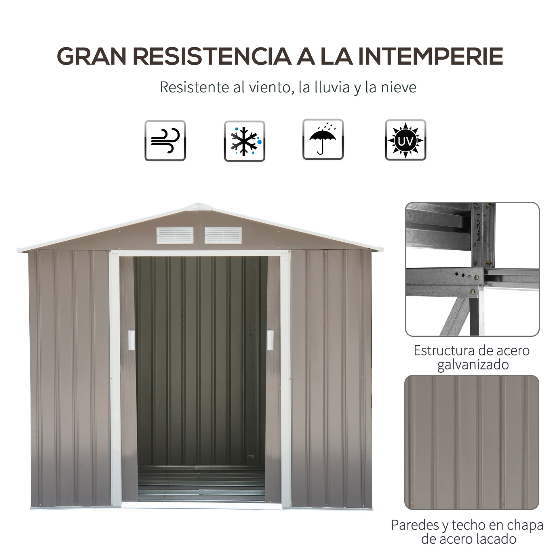 Outsunny Cobertizo de Jardín 2,42m² con Base de Refuerzo Sin Suelo 213x130x185 cm Caseta de Jardín Exterior con 2 Puertas Correderas y 4 Ventanas para Almacenamiento de Herramientas Gris