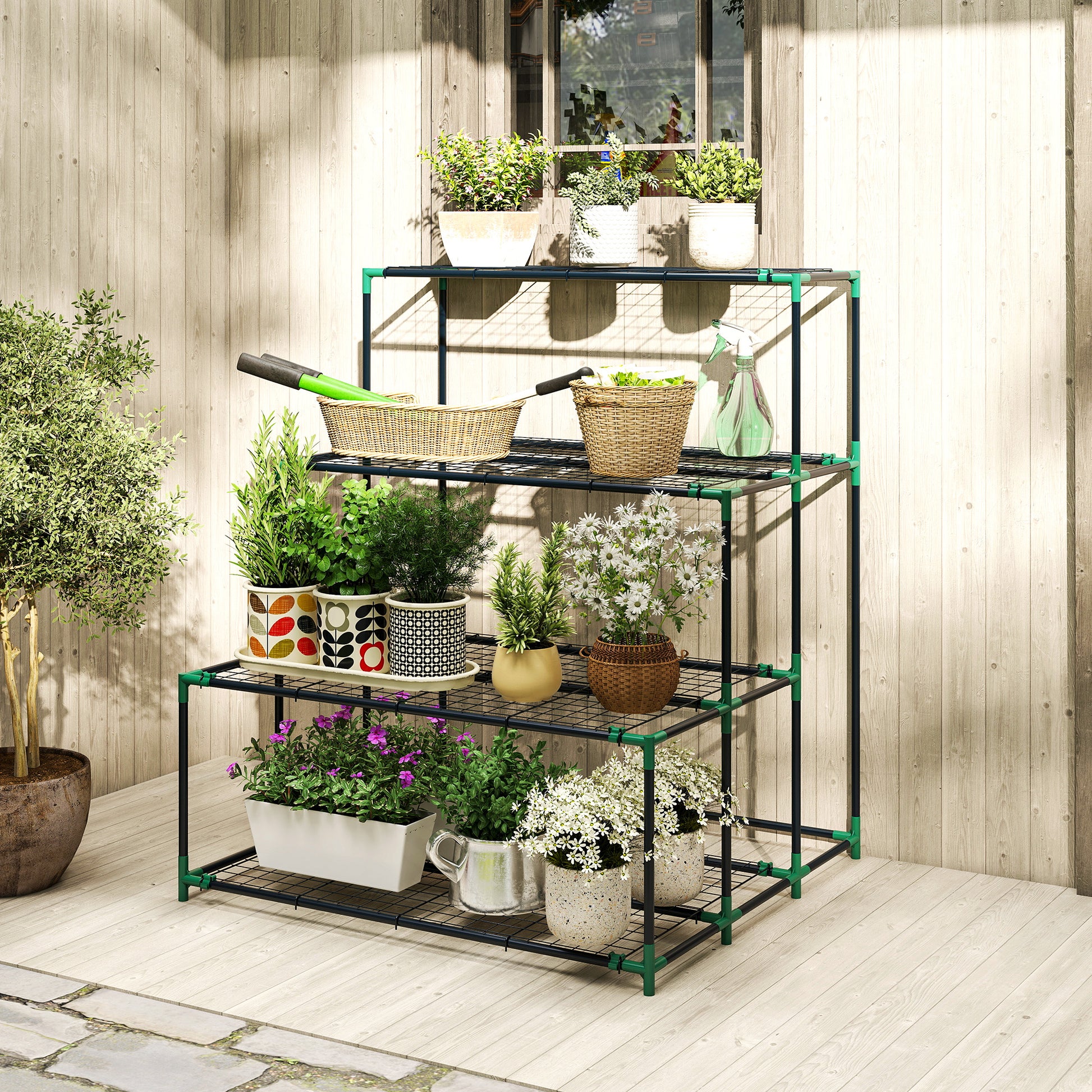 Outsunny Soporte para Plantas de 4 Niveles, Estantería para Plantas de Acero, Diseño en Escalera, Soporte para Macetas para Interior y Exterior, Jardín, Balcón y Patio, 94x84x110 cm, Verde Oscuro