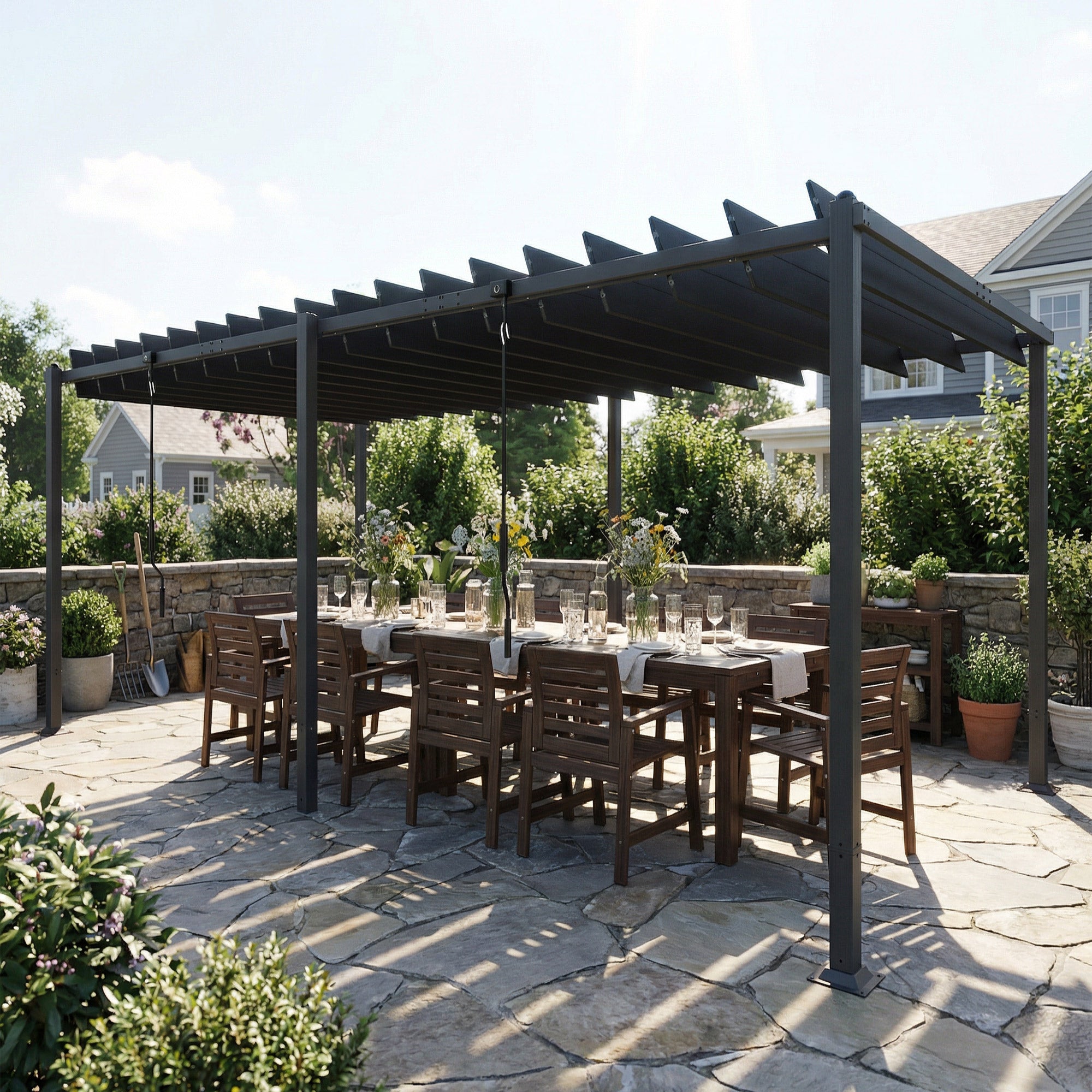 Outsunny Pérgola de Jardín 3x5,7 m, Cenador de Jardín con Techo de Lamas Ajustable a 90°, Manivela, Estructura de Aluminio, Protección UPF50+, Pabellón para Exterior, Patio, Terraza, Gris Oscuro