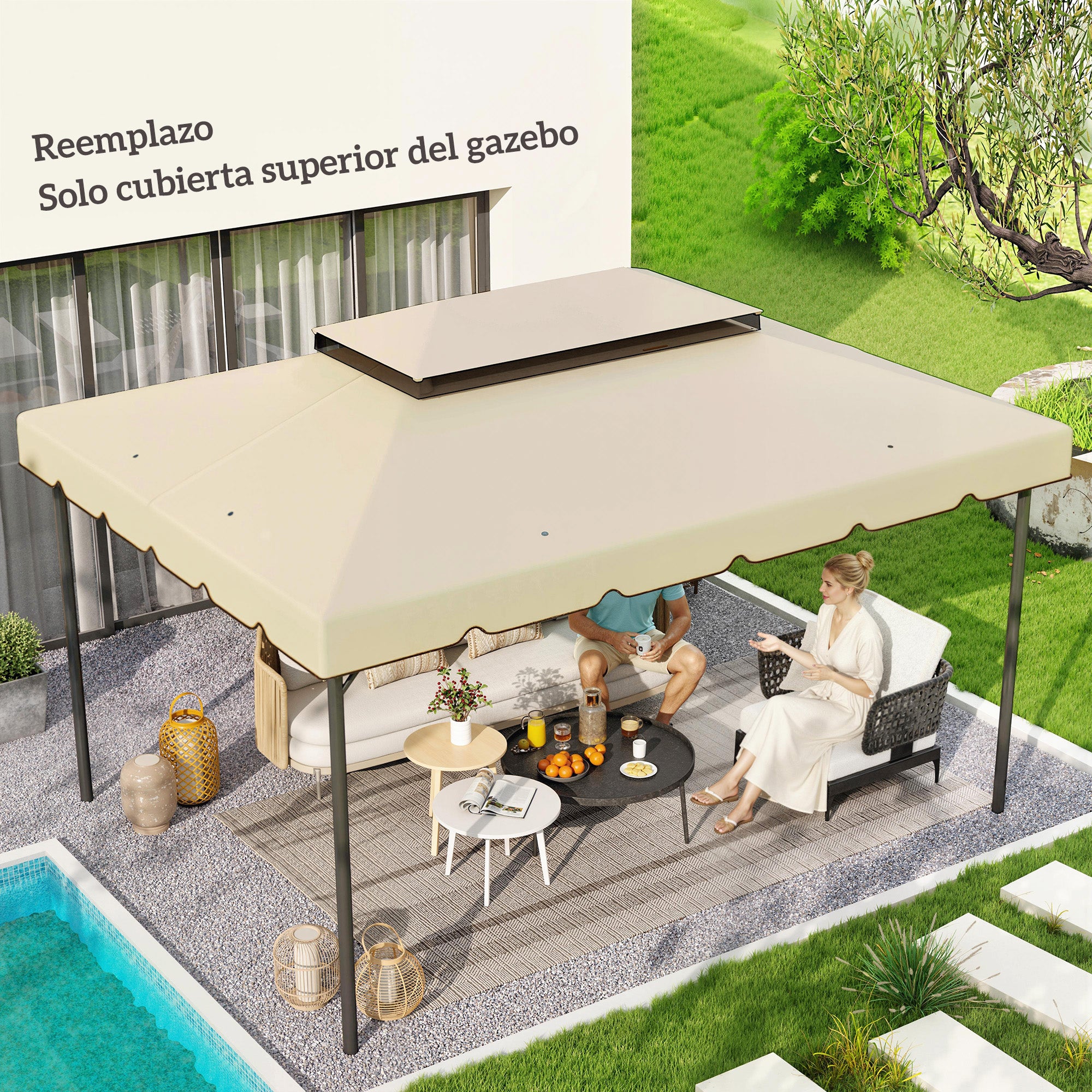 Outsunny Techo de Repuesto para Cenador, 4x3 m, Cubierta de Repuesto con Doble Techo, 8 Orificios de Drenaje, SOLO Toldo de Recambio para Pabellón Gazebo, Beige