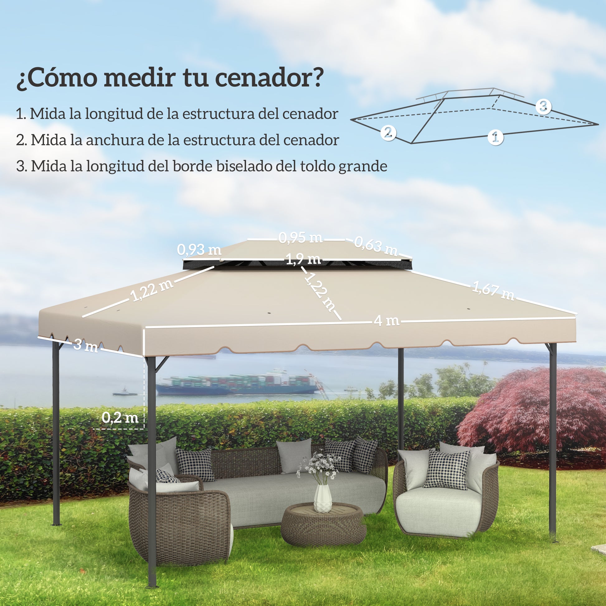 Outsunny Techo de Repuesto para Cenador, 4x3 m, Cubierta de Repuesto con Doble Techo, 8 Orificios de Drenaje, SOLO Toldo de Recambio para Pabellón Gazebo, Beige