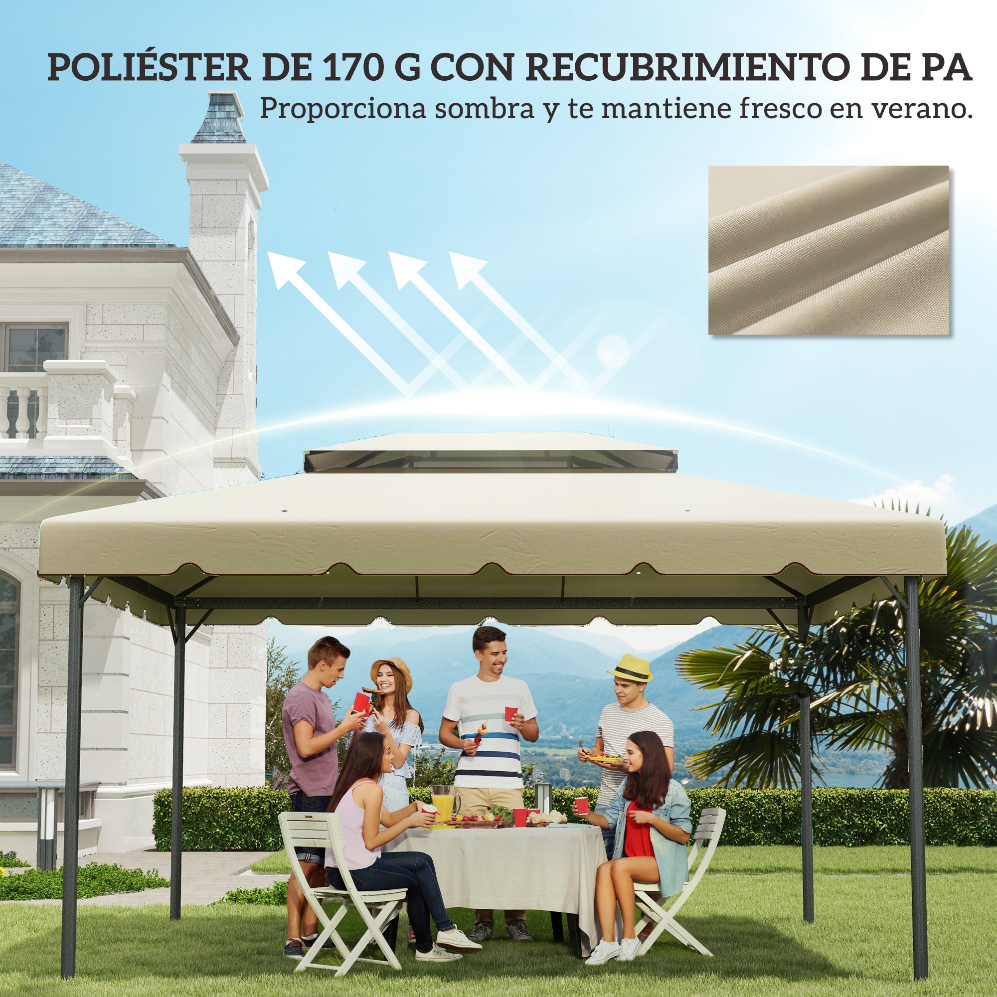 Outsunny Techo de Repuesto para Cenador, 4x3 m, Cubierta de Repuesto con Doble Techo, 8 Orificios de Drenaje, SOLO Toldo de Recambio para Pabellón Gazebo, Beige