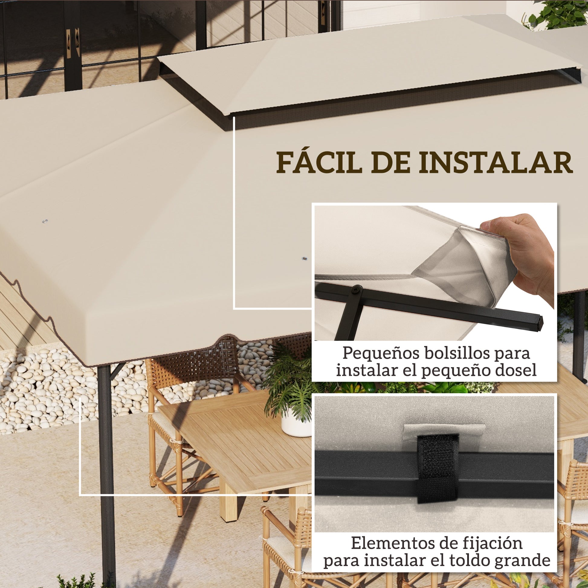 Outsunny Techo de Repuesto para Cenador, 4x3 m, Cubierta de Repuesto con Doble Techo, 8 Orificios de Drenaje, SOLO Toldo de Recambio para Pabellón Gazebo, Beige