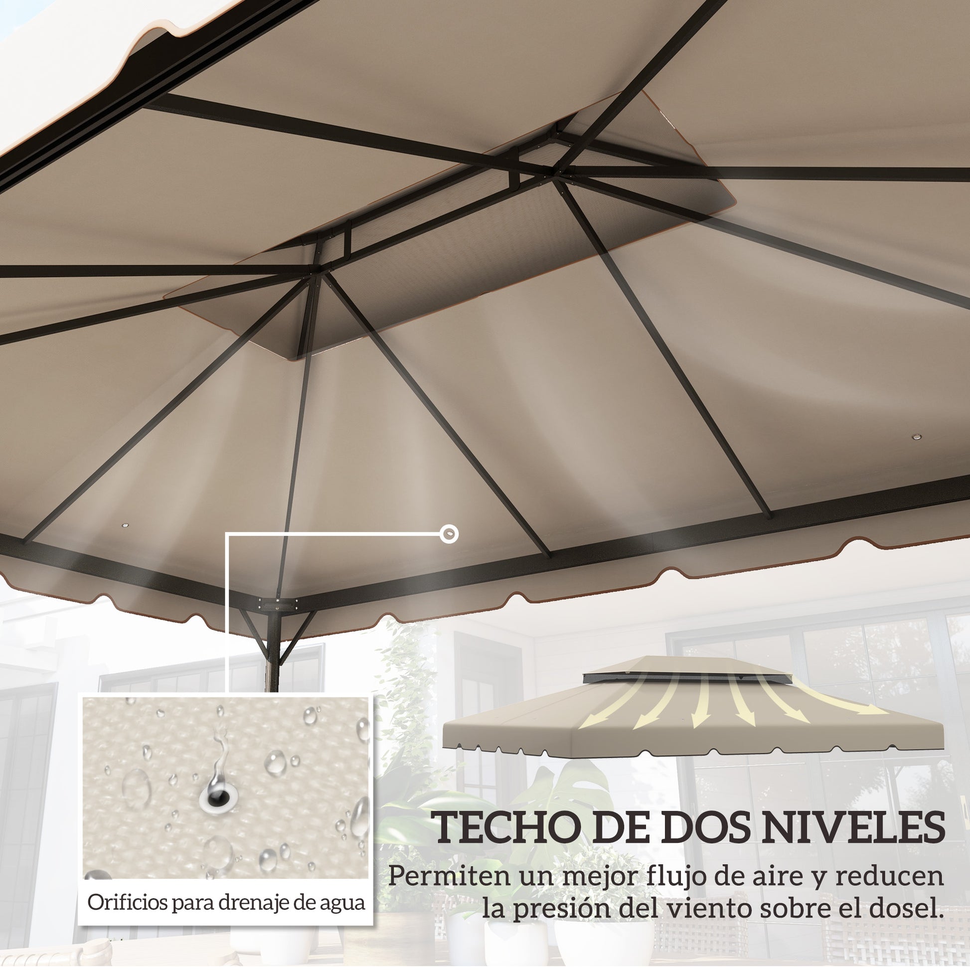 Outsunny Techo de Repuesto para Cenador, 4x3 m, Cubierta de Repuesto con Doble Techo, 8 Orificios de Drenaje, SOLO Toldo de Recambio para Pabellón Gazebo, Beige
