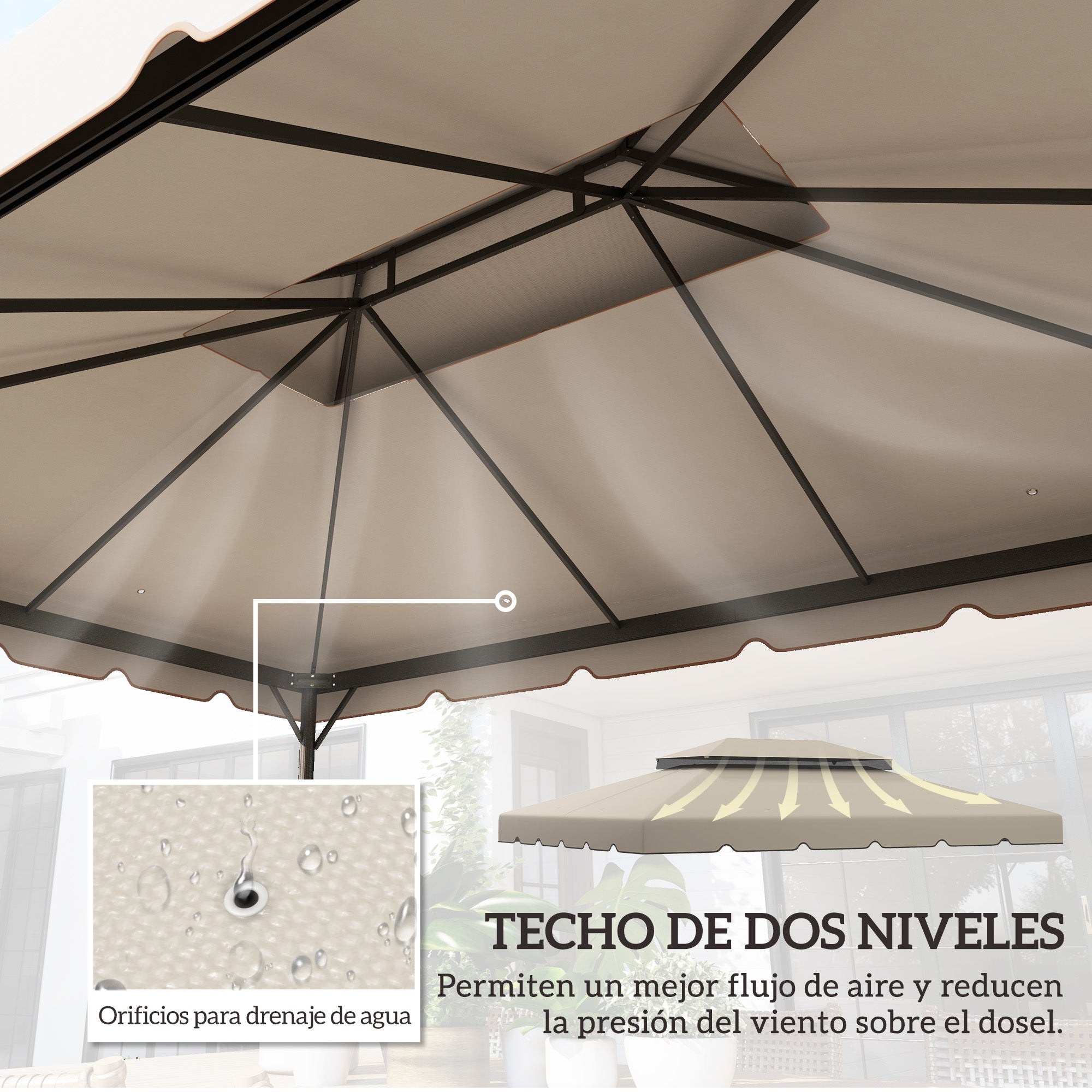 Outsunny Techo de Repuesto para Cenador, 4x3 m, Cubierta de Repuesto con Doble Techo, 8 Orificios de Drenaje, SOLO Toldo de Recambio para Pabellón Gazebo, Beige
