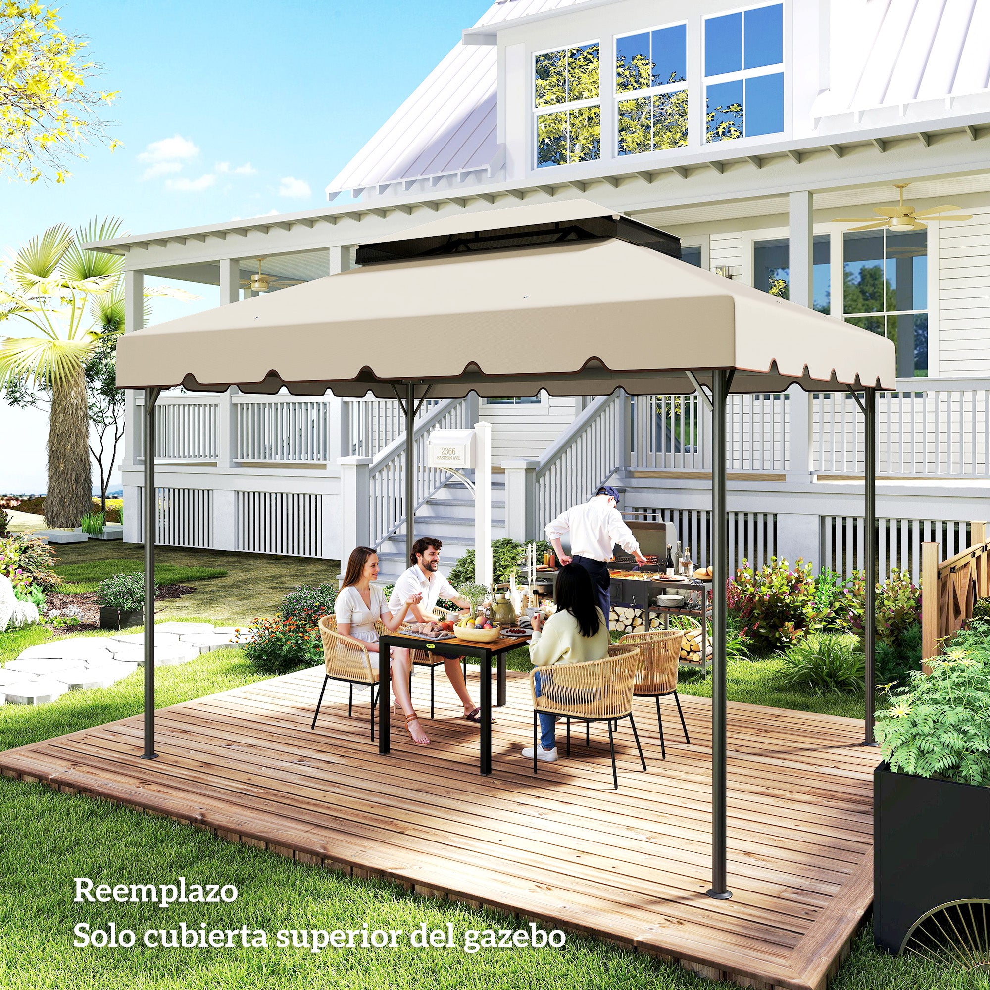 Outsunny Techo de Repuesto para Cenador, 4x3 m, Cubierta de Repuesto con Doble Techo, 8 Orificios de Drenaje, SOLO Toldo de Recambio para Pabellón Gazebo, Beige