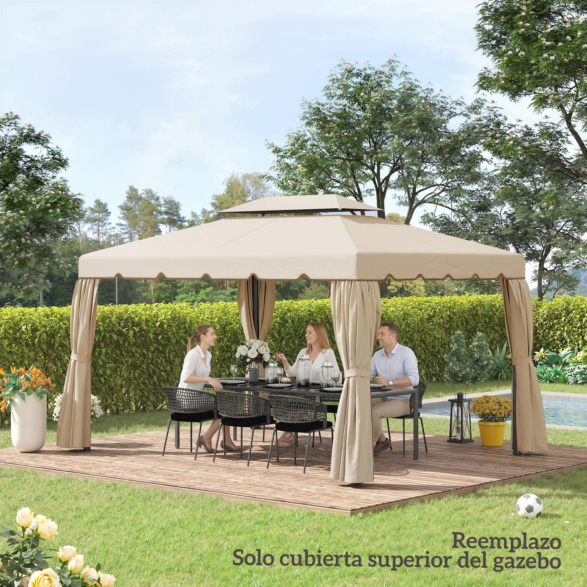 Outsunny Techo de Repuesto para Cenador, 4x3 m, Cubierta de Repuesto con Doble Techo, 8 Orificios de Drenaje, SOLO Toldo de Recambio para Pabellón Gazebo, Beige
