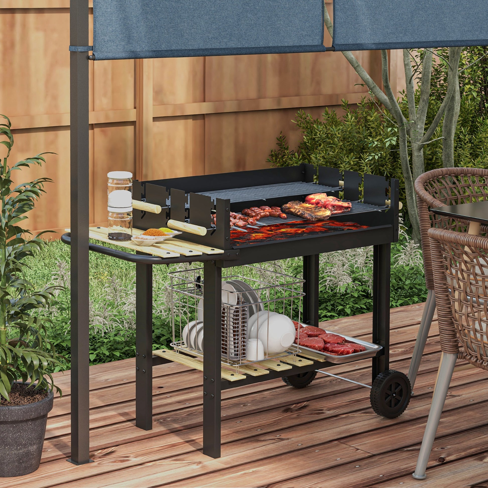 Outsunny Barbacoa de Carbón, Barbacoa Portátil, 113x53,5x82,5 cm, con 2 Parrillas Alturas Ajustables, Mesa Lateral, Estante y Ruedas, para Jardín o Fiesta al Aire Libre, Negro