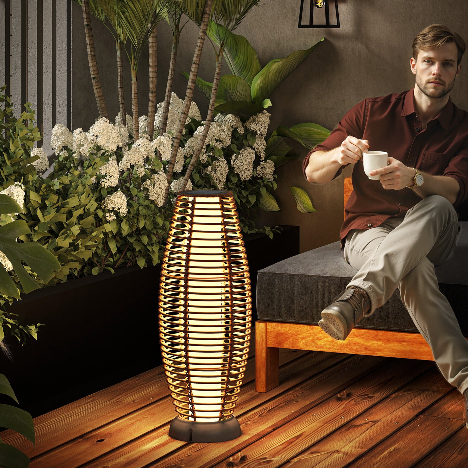 Outsunny Linterna de Jardín de Ratán Sintético Farola Solar Exterior con Luces LED Encendido y Apagado Automático Impermeable para Terraza Balcón Patio Ø26x72 cm Natural