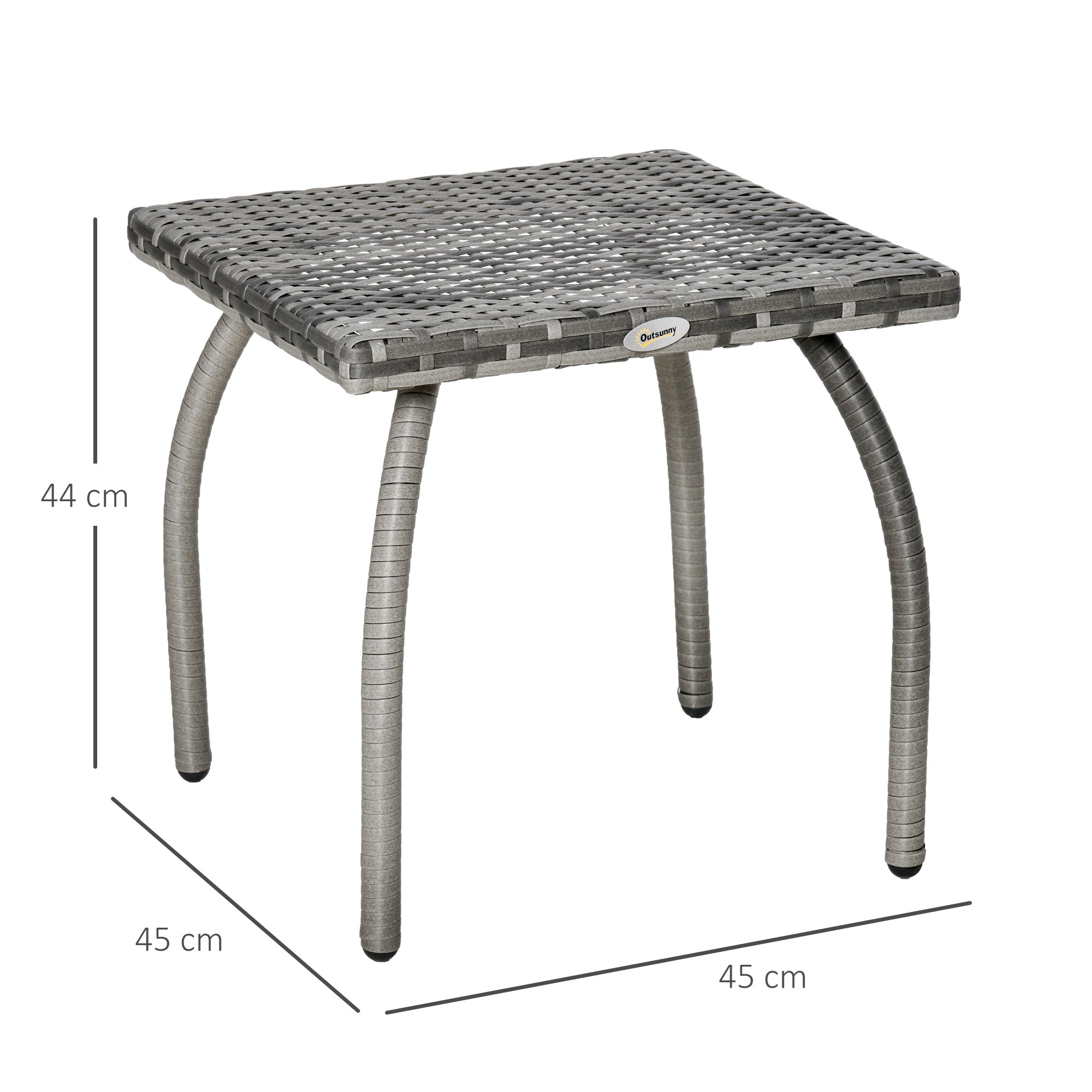 Outsunny Mesa de Jardín de Ratán Mesita Auxiliar con Patas de Metal Carga 30 kg Mesa de Exterior para Patio Terraza Balcón 45x45x44 cm Gris
