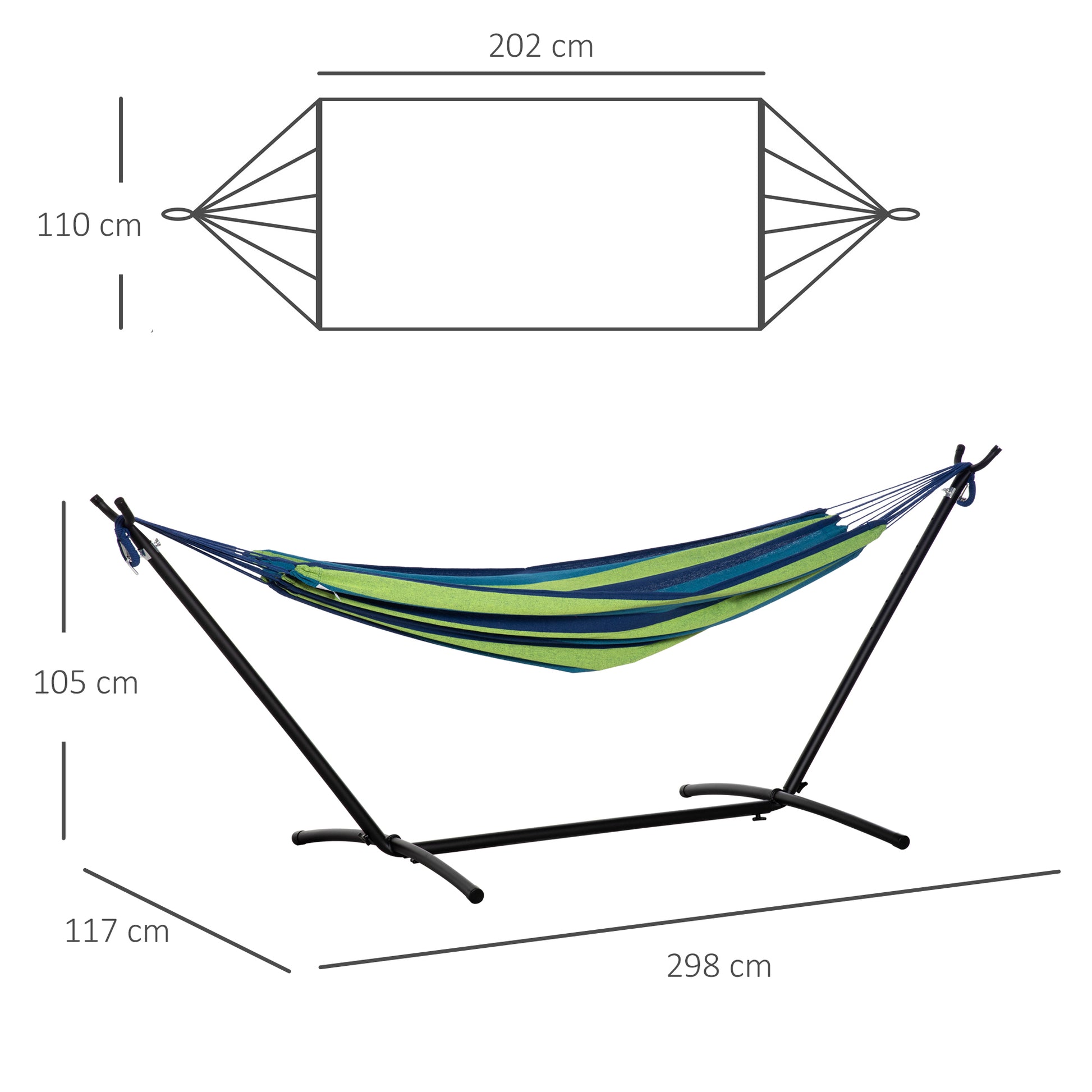 Outsunny Hamaca con Soporte 310x117 cm Hamaca de Camping con Bolsa de Transporte Portátil Altura Ajustable Carga 120 kg para Patio Terraza Rayas Verde y Azul