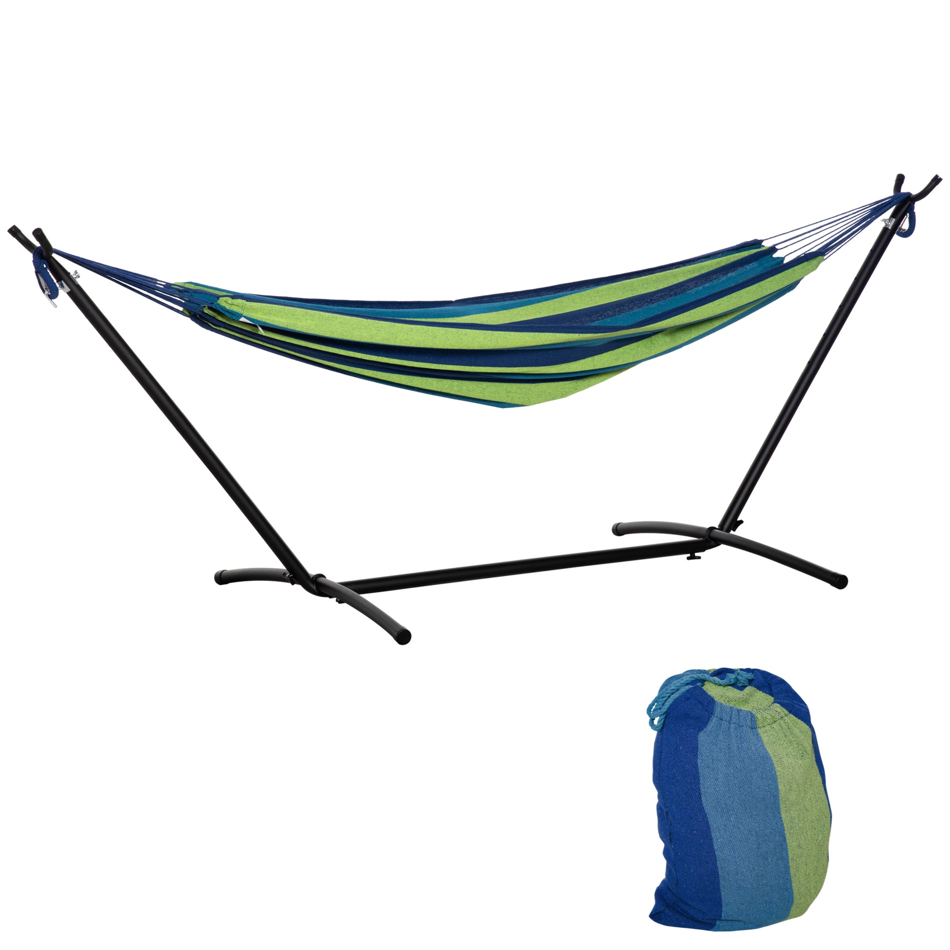 Outsunny Hamaca con Soporte 310x117 cm Hamaca de Camping con Bolsa de Transporte Portátil Altura Ajustable Carga 120 kg para Patio Terraza Rayas Verde y Azul