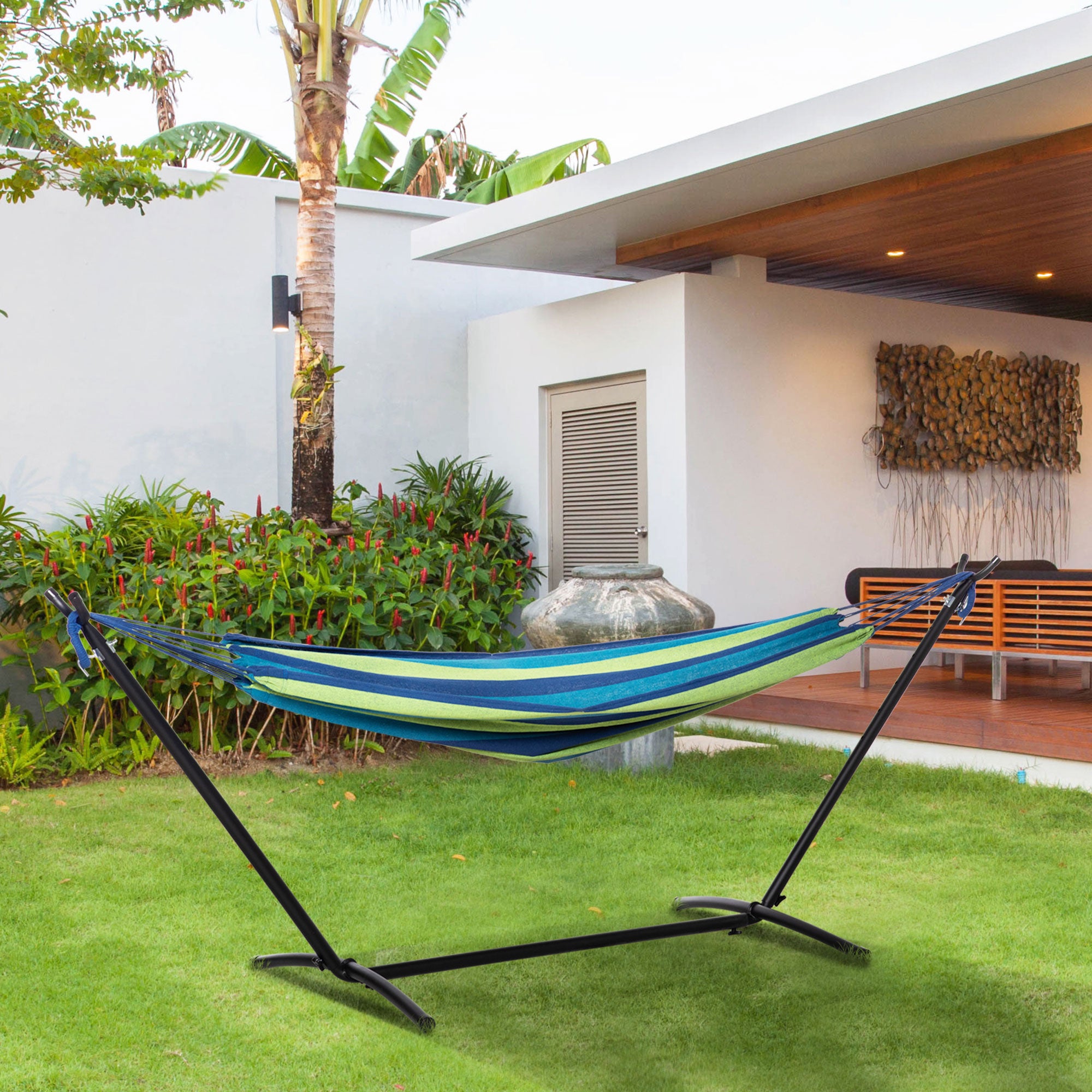 Outsunny Hamaca con Soporte 310x117 cm Hamaca de Camping con Bolsa de Transporte Portátil Altura Ajustable Carga 120 kg para Patio Terraza Rayas Verde y Azul