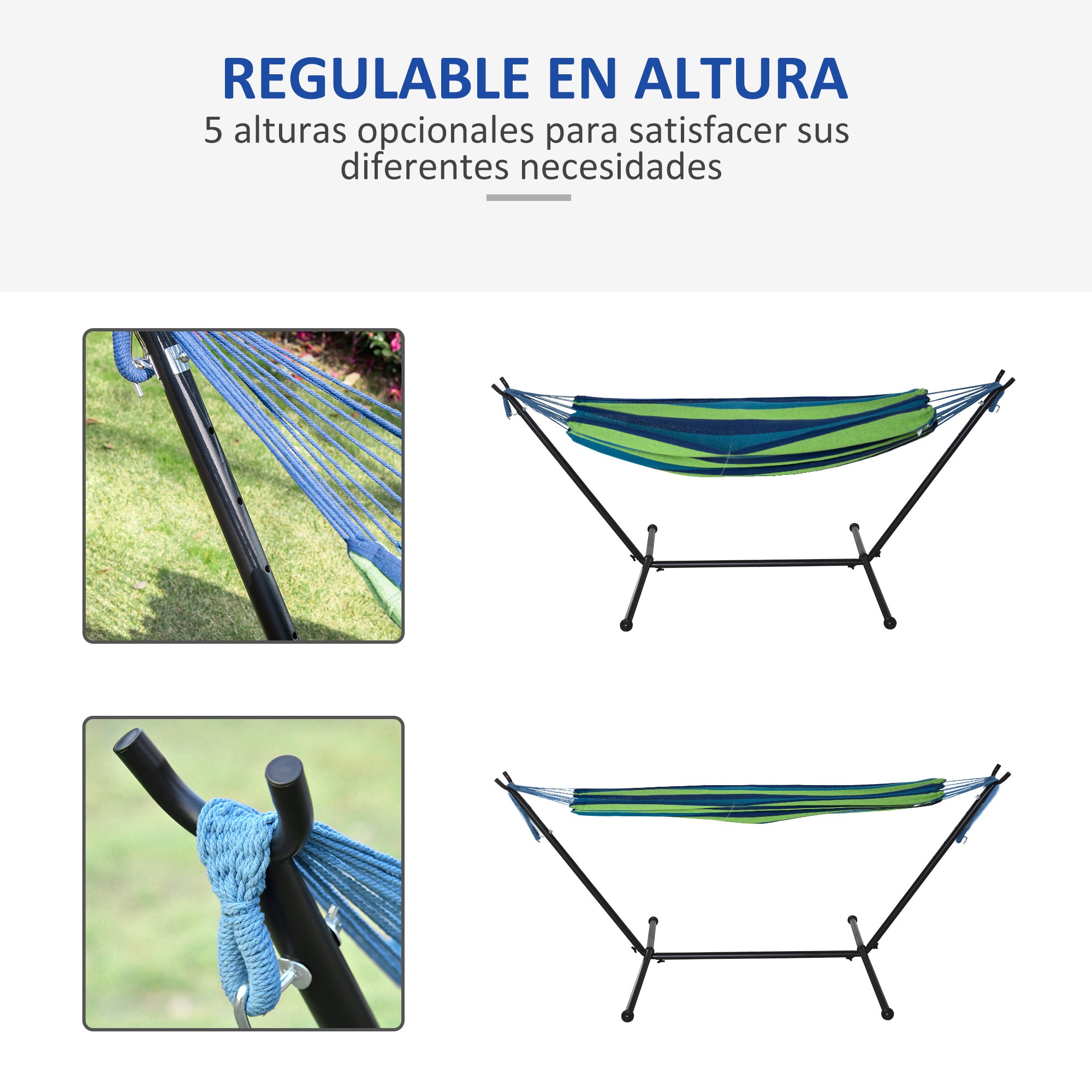 Outsunny Hamaca con Soporte 310x117 cm Hamaca de Camping con Bolsa de Transporte Portátil Altura Ajustable Carga 120 kg para Patio Terraza Rayas Verde y Azul
