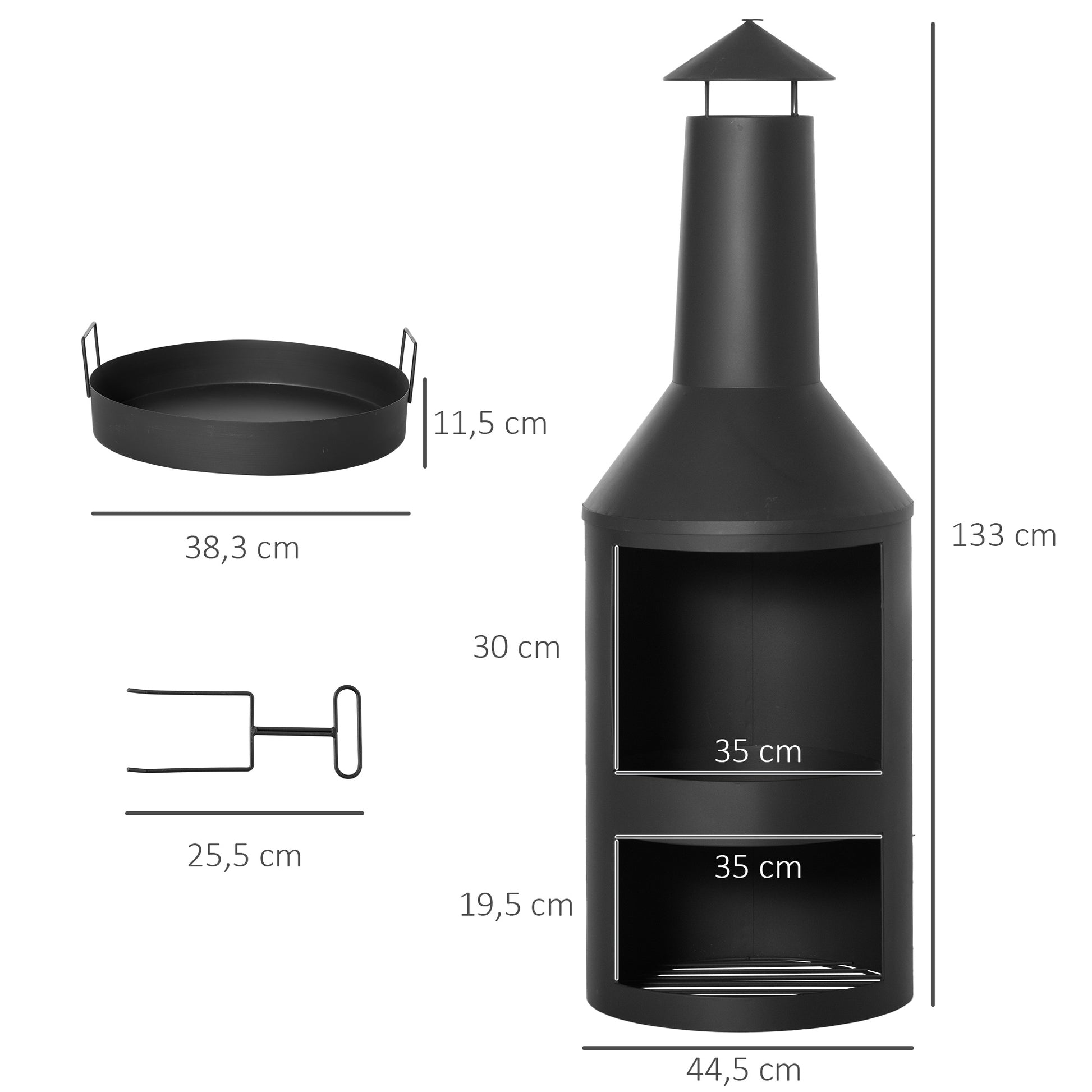 Outsunny Chimenea de Jardín de Metal Estufa de Terraza con Cámara de Fuego Rejilla de Almacenamiento de Leña Techo para Humo y Atizador para Exterior Ø44,5x133 cm Negro