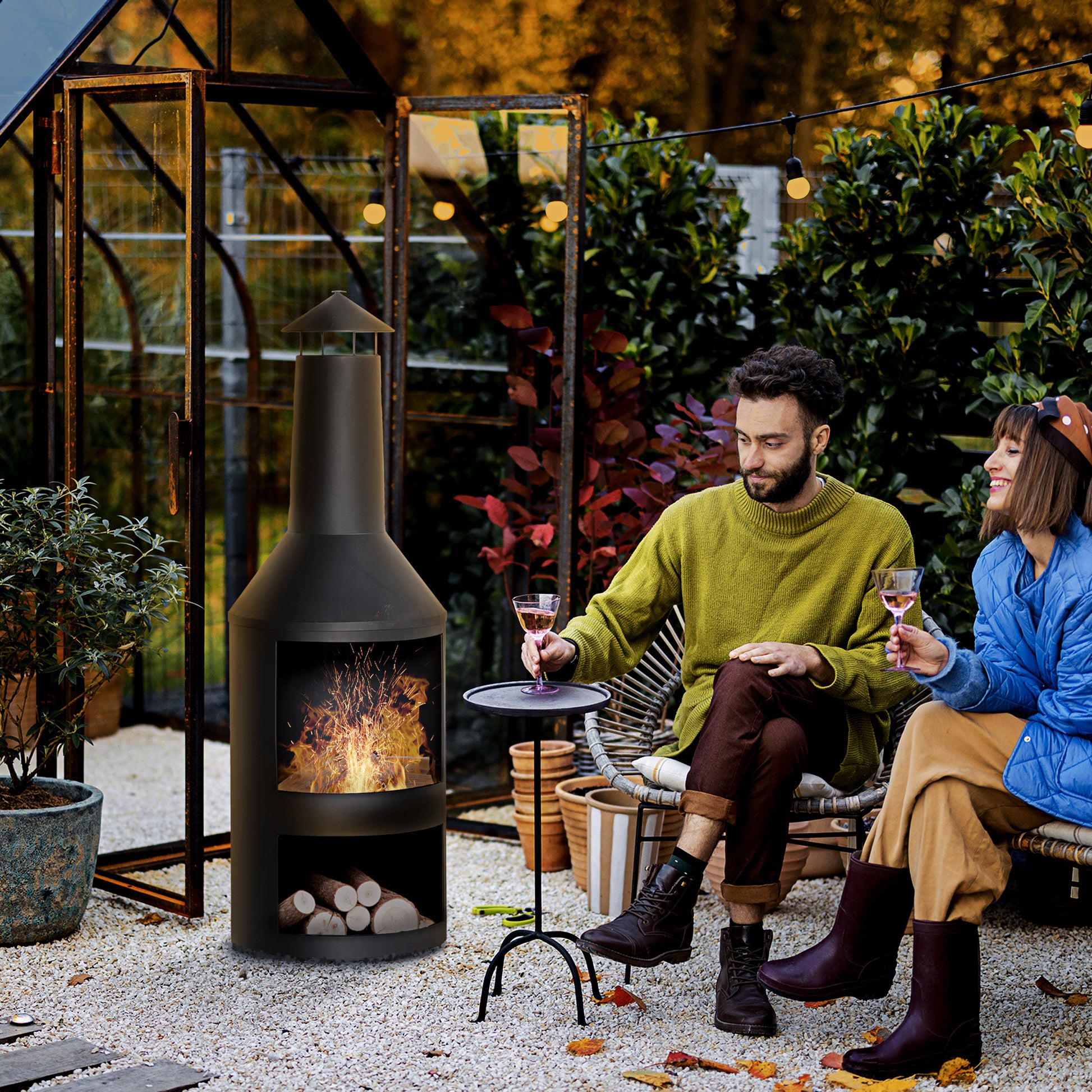 Outsunny Chimenea de Jardín de Metal Estufa de Terraza con Cámara de Fuego Rejilla de Almacenamiento de Leña Techo para Humo y Atizador para Exterior Ø44,5x133 cm Negro