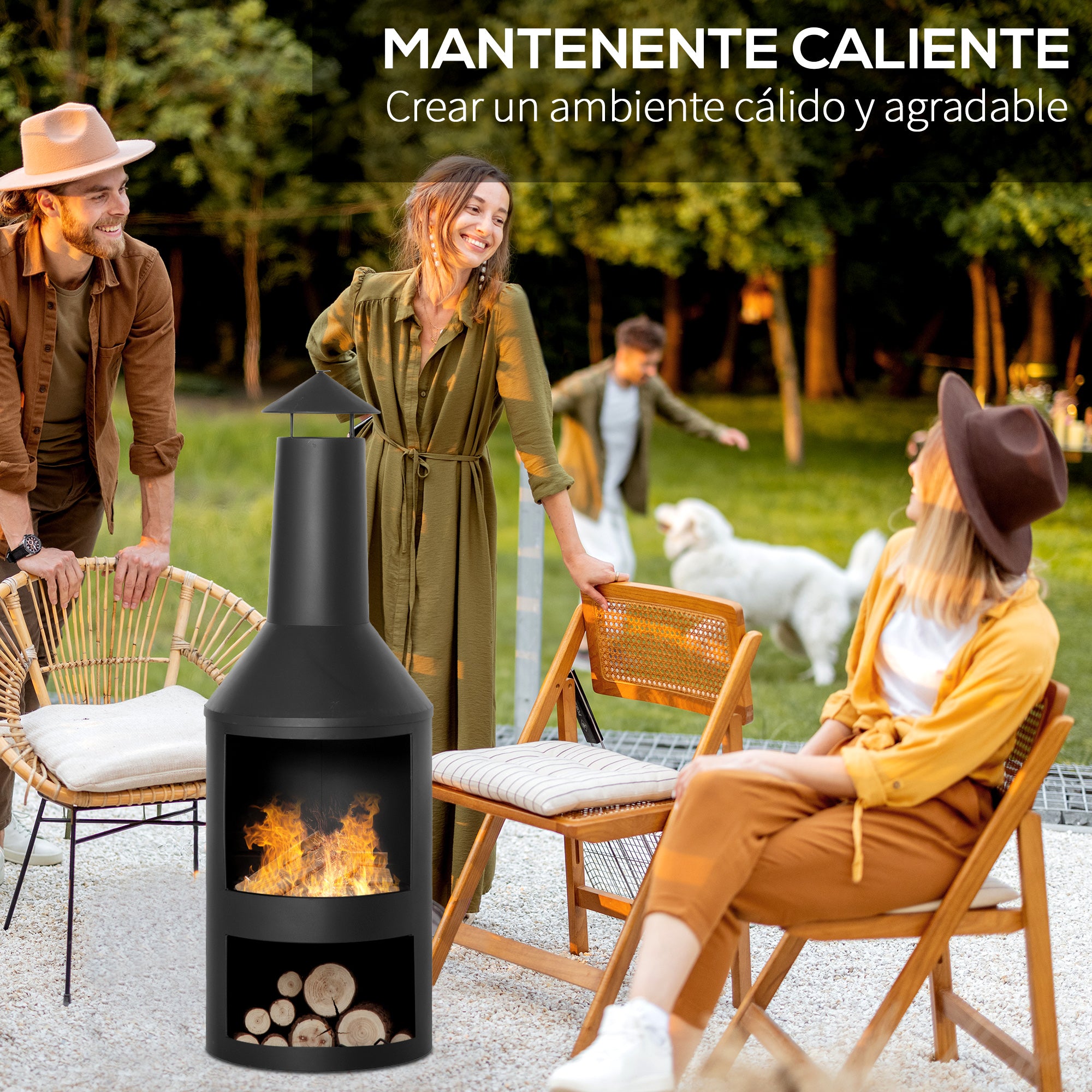 Outsunny Chimenea de Jardín de Metal Estufa de Terraza con Cámara de Fuego Rejilla de Almacenamiento de Leña Techo para Humo y Atizador para Exterior Ø44,5x133 cm Negro