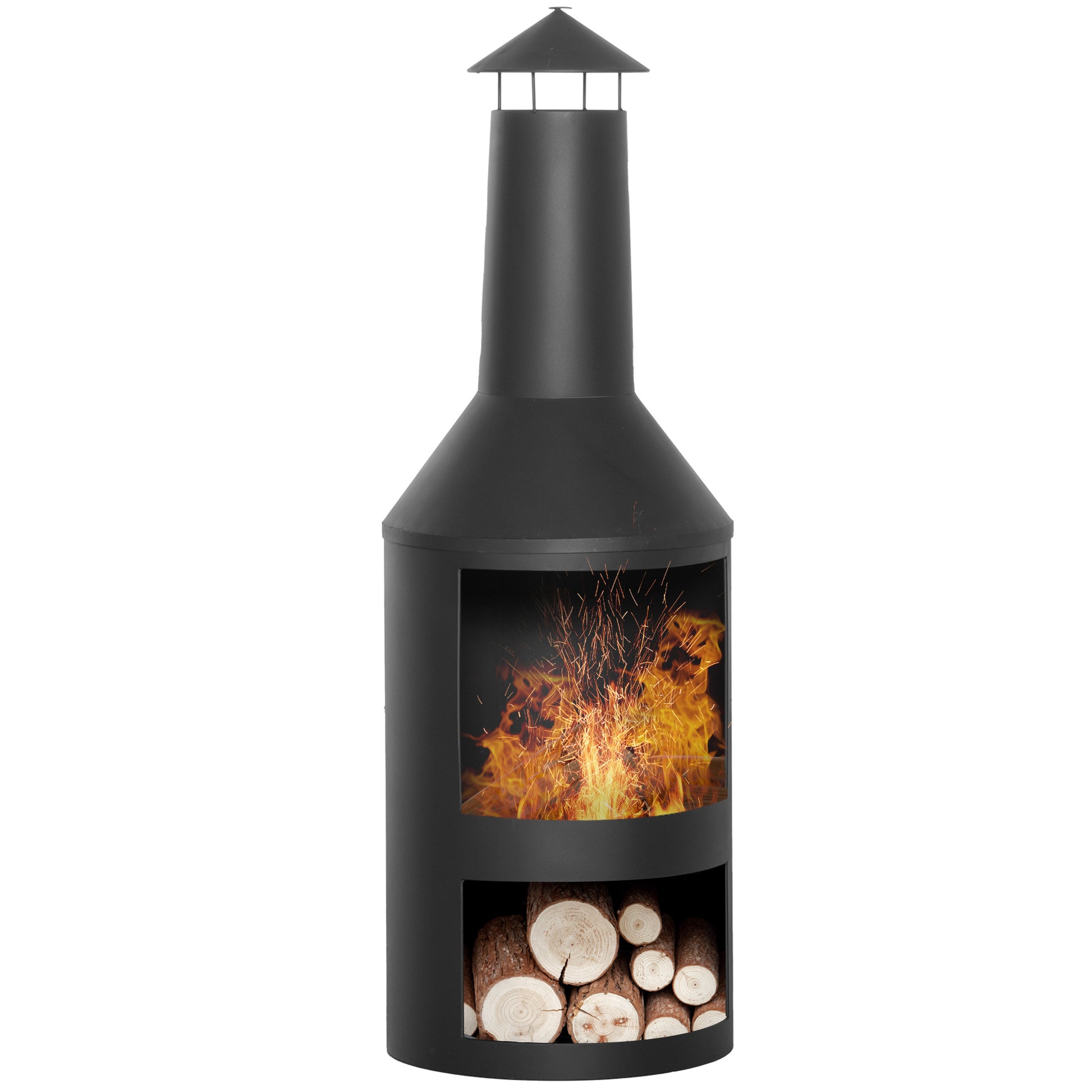 Outsunny Chimenea de Jardín de Metal Estufa de Terraza con Cámara de Fuego Rejilla de Almacenamiento de Leña Techo para Humo y Atizador para Exterior Ø44,5x133 cm Negro