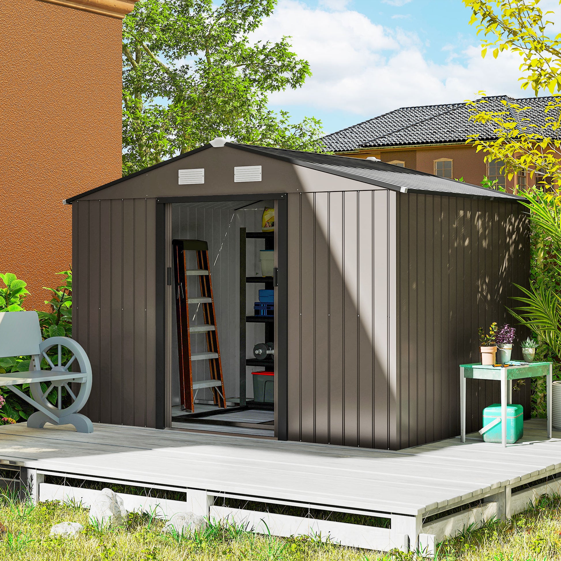 Outsunny Caseta de Jardín Exterior 4,9 m², 277x195x192 cm, Cobertizo de Jardín Exterior Metálico con Puerta Corredera, Ventilación y Kit de Fundación, para Almacenamiento de Herramientas, Marrón