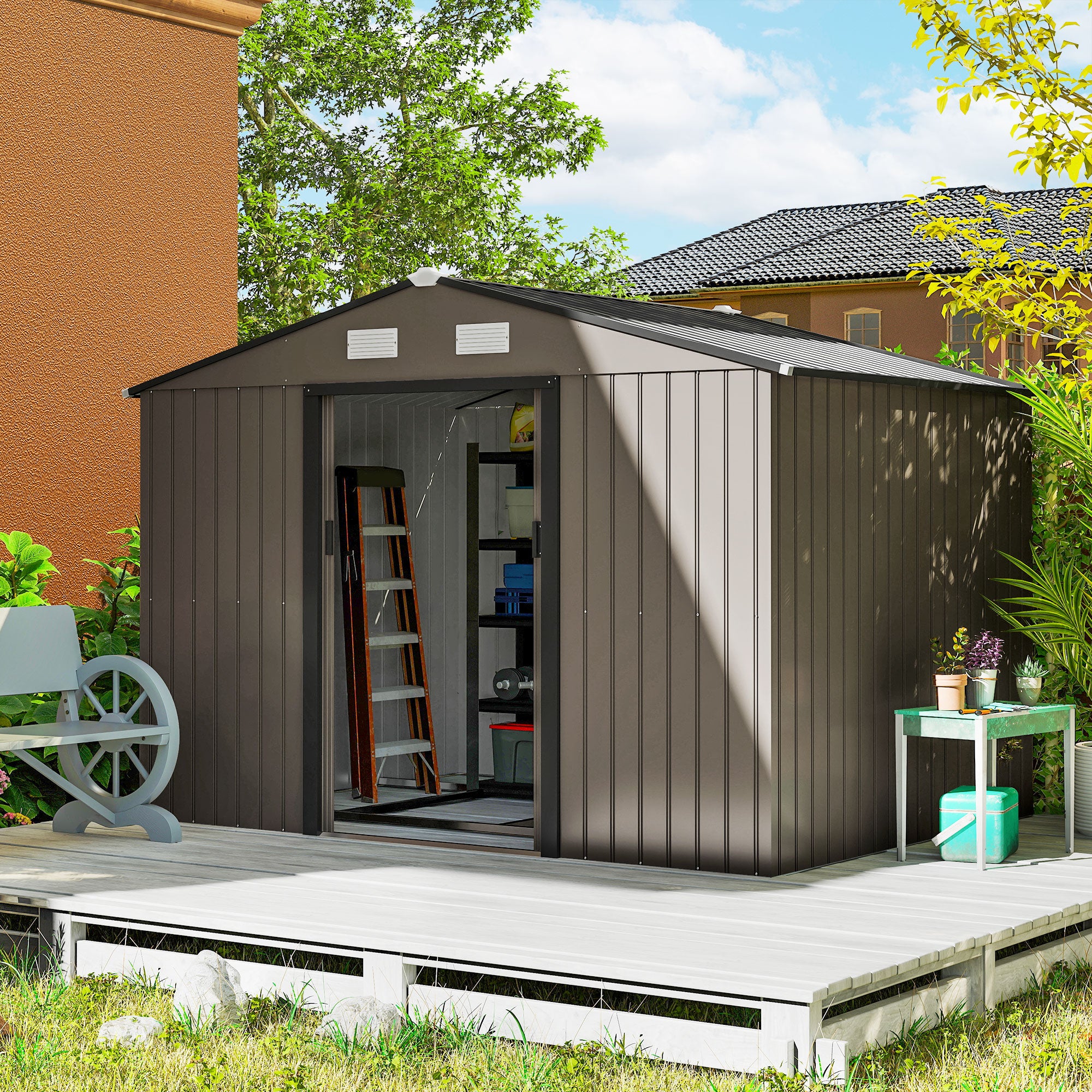 Outsunny Caseta de Jardín Exterior 4,9 m², 277x195x192 cm, Cobertizo de Jardín Exterior Metálico con Puerta Corredera, Ventilación y Kit de Fundación, para Almacenamiento de Herramientas, Marrón