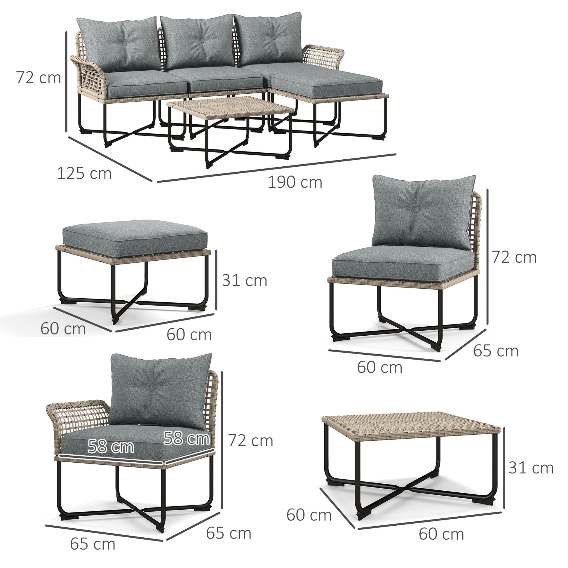 Outsunny Conjunto de Jardín Exterior de Ratán Sintético de 5 Piezas Muebles de Jardín Exterior Incluye 2 Sofás Esquineras 1 Sofá de Exterior 1 Taburete 1 Mesa de Centro con Cojines Gris