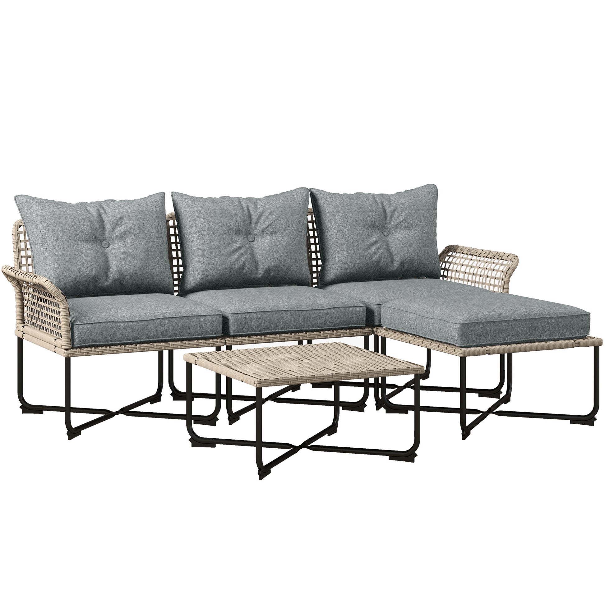 Outsunny Conjunto de Jardín Exterior de Ratán Sintético de 5 Piezas Muebles de Jardín Exterior Incluye 2 Sofás Esquineras 1 Sofá de Exterior 1 Taburete 1 Mesa de Centro con Cojines Gris