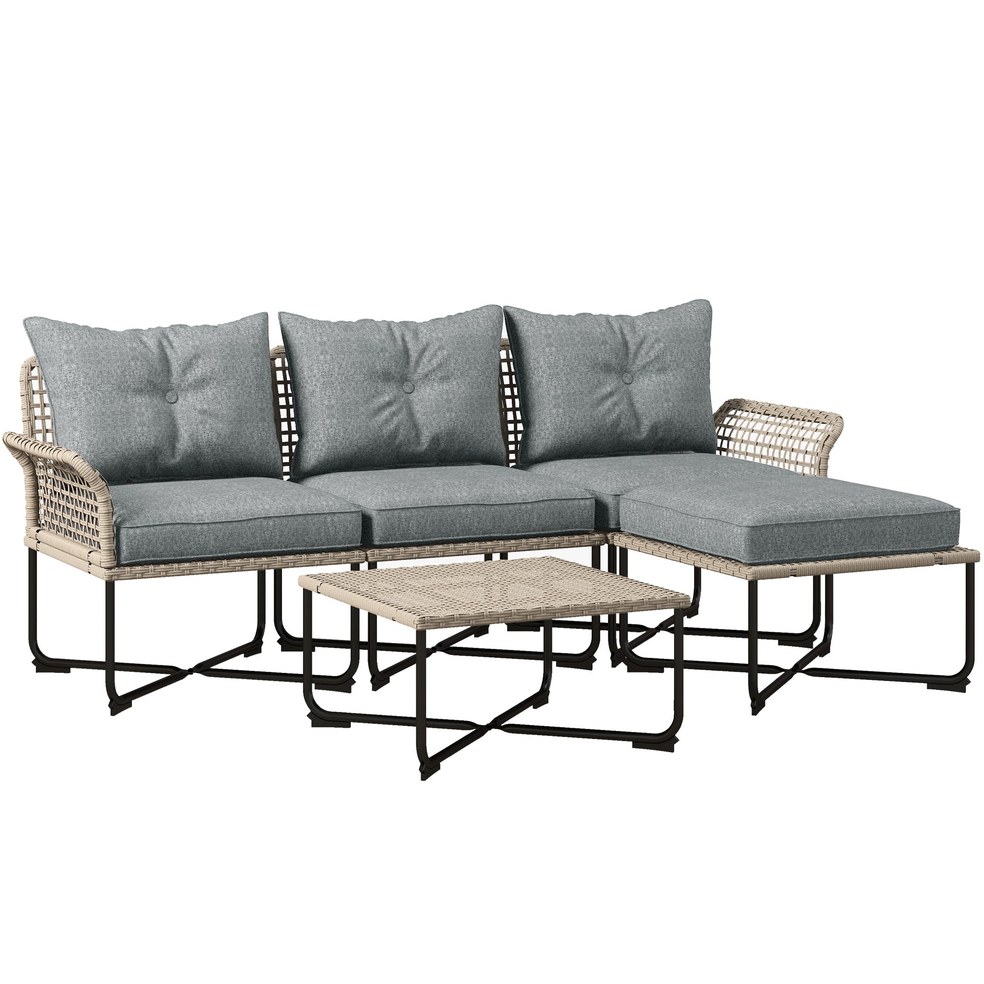 Outsunny Conjunto de Jardín Exterior de Ratán Sintético de 5 Piezas Muebles de Jardín Exterior Incluye 2 Sofás Esquineras 1 Sofá de Exterior 1 Taburete 1 Mesa de Centro con Cojines Gris