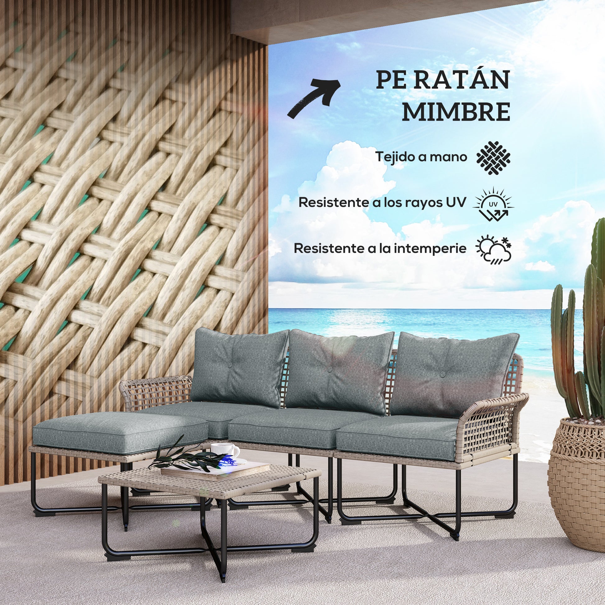 Outsunny Conjunto de Jardín Exterior de Ratán Sintético de 5 Piezas Muebles de Jardín Exterior Incluye 2 Sofás Esquineras 1 Sofá de Exterior 1 Taburete 1 Mesa de Centro con Cojines Gris